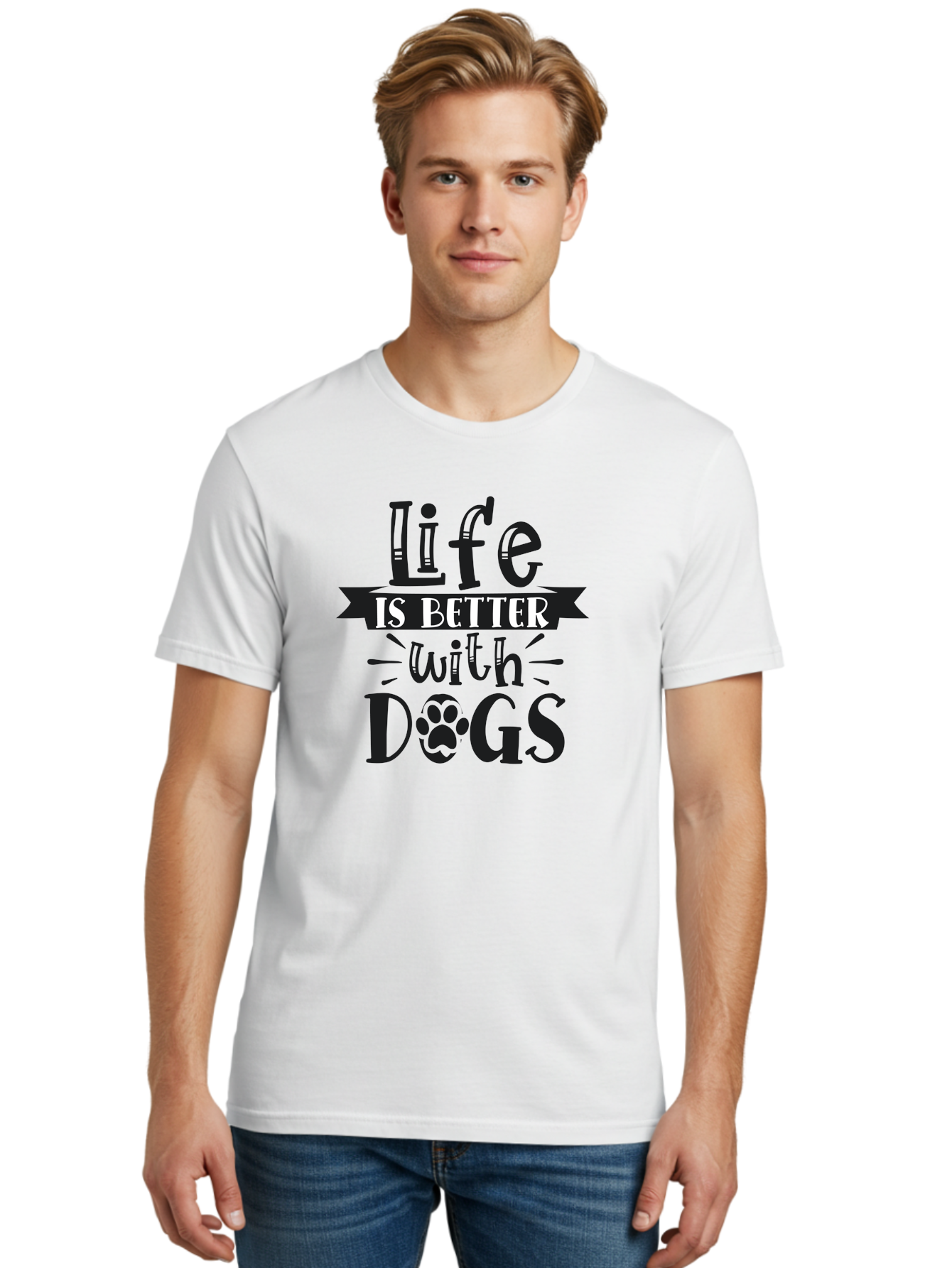 Life-Is-Better-With-Dogs Men'S Graphic Tee, 100% Cotton, Comfortable Casual Summer Wear, Machine Washable, Dog Lover Quote, Inspirational Quote, Pet Love, Dog Quote, Dog Mom, Dog Dad, Animal Lover, Paw Print Aad431 18
