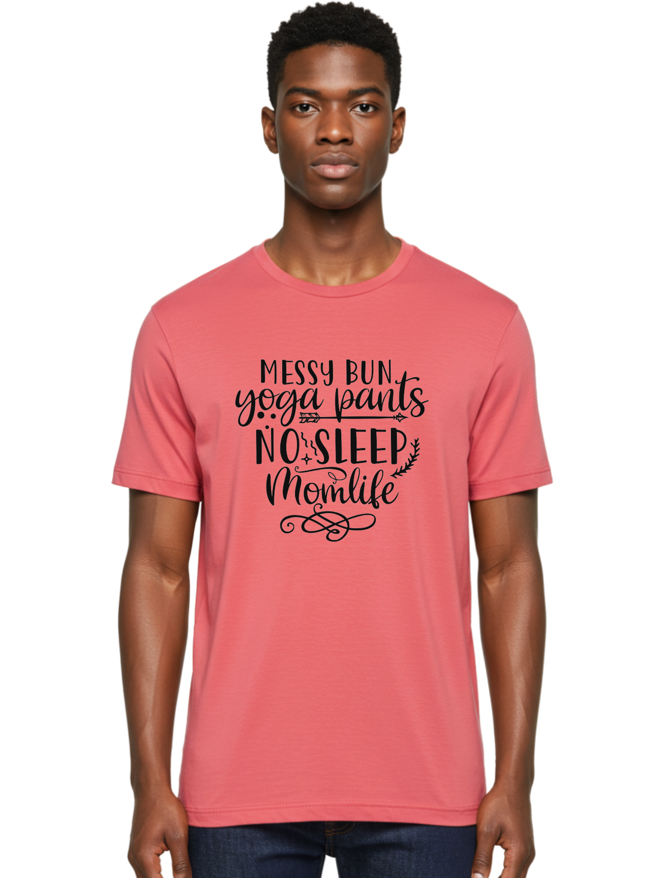 Messy-Bun-Yoga-Pants-No-Sleep-Momlife Men'S Graphic Tee, 100% Cotton, Comfortable Casual Summer Wear, Machine Washable, Messy Bun, Yoga Pants, No Sleep, Mom Life, Mom Quotes, Funny Mom Quotes, Motherhood, Parenting Humor, Mom Humor, Aad437 22