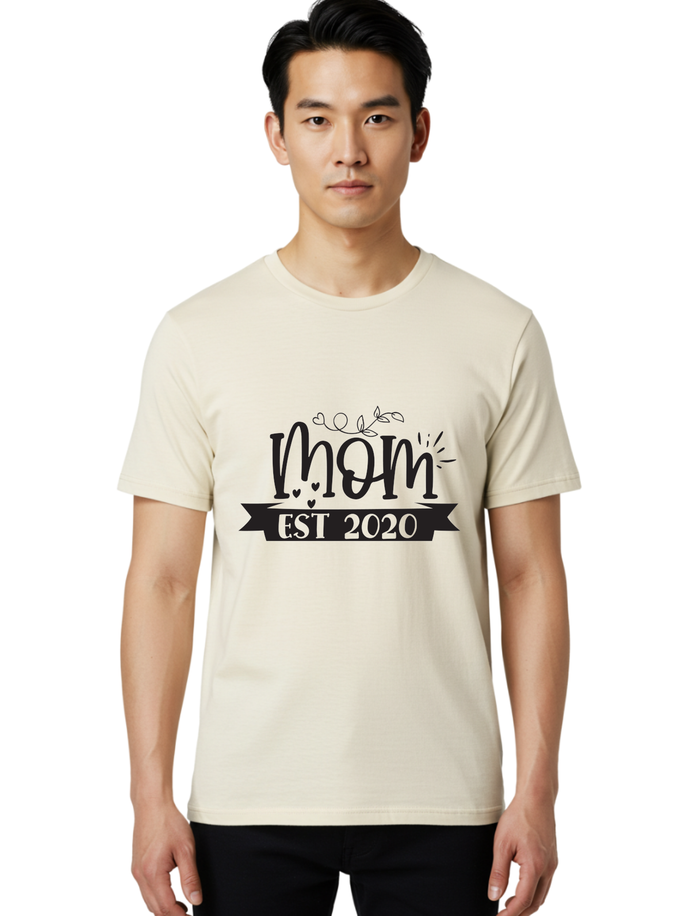 Mom-Est-2020 Men'S Graphic Tee, 100% Cotton, Comfortable Casual Summer Wear, Machine Washable, Mom Est 2020, Motherhood, New Mom, Mom Life, Hearts, Leaves, Vine, Mom Quote, Banner, 2020 Aad441 30