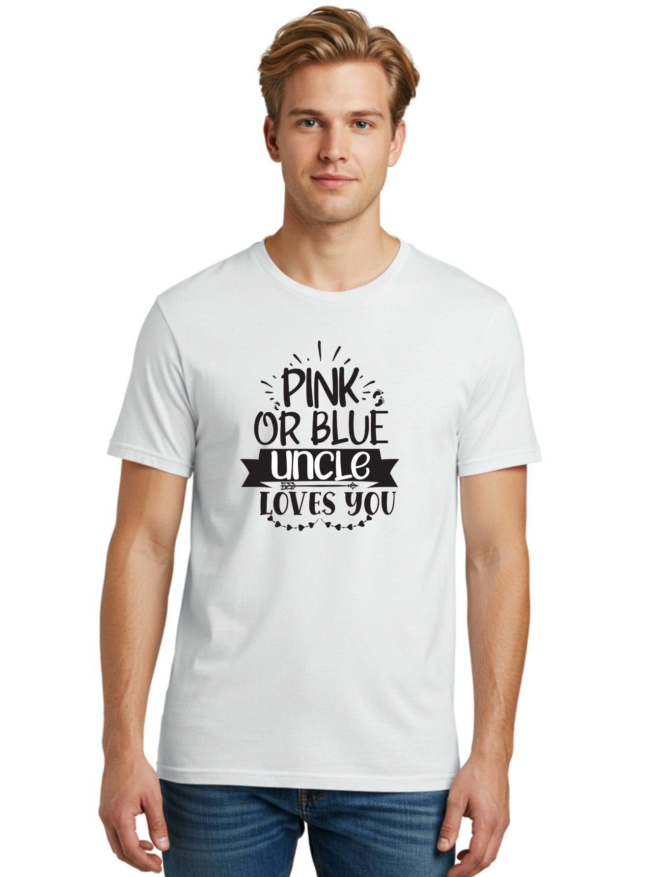 Pink-Or-Blue-Uncle-Loves-You Men'S Graphic Tee, 100% Cotton, Comfortable Casual Summer Wear, Machine Washable, Pink Or Blue, Uncle Loves You, Baby Shower, Gender Reveal, Uncles Day, Love Message, Baby Feet Aad462 24