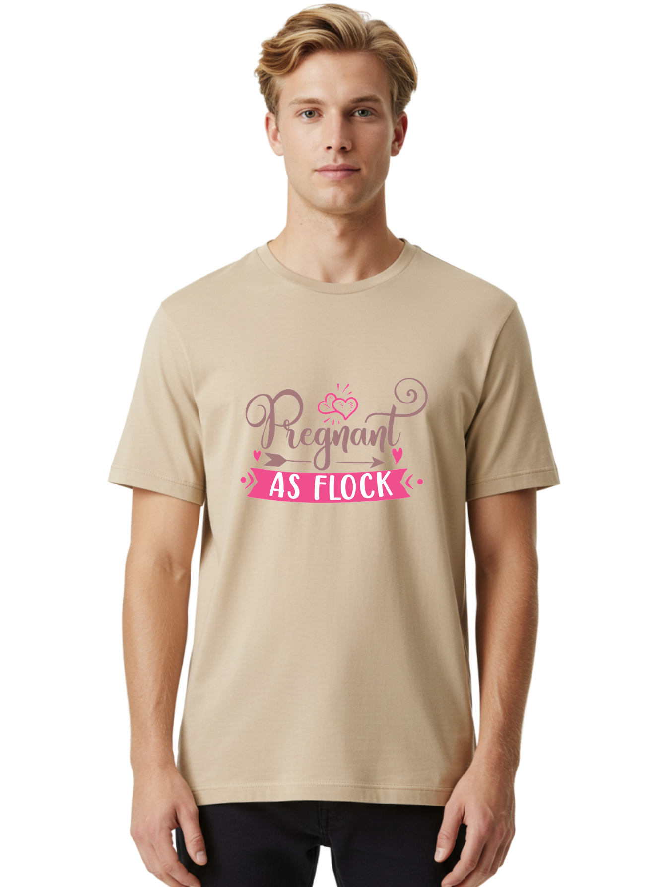 Pregnant-As-Flock Men'S Graphic Tee, 100% Cotton, Comfortable Casual Summer Wear, Machine Washable, Pregnant Announcement, Expectant Mother, Baby On Board, Pink Hearts, Cute Design, Pregnancy Reveal, New Baby, Baby Shower Gift Aad467 24