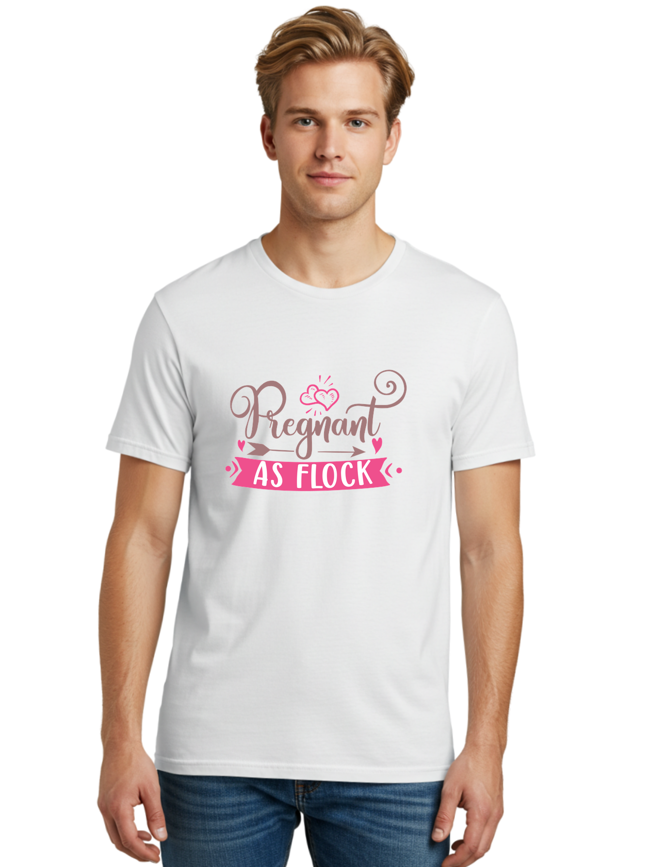 Pregnant-As-Flock Men'S Graphic Tee, 100% Cotton, Comfortable Casual Summer Wear, Machine Washable, Pregnant Announcement, Expectant Mother, Baby On Board, Pink Hearts, Cute Design, Pregnancy Reveal, New Baby, Baby Shower Gift Aad467 14