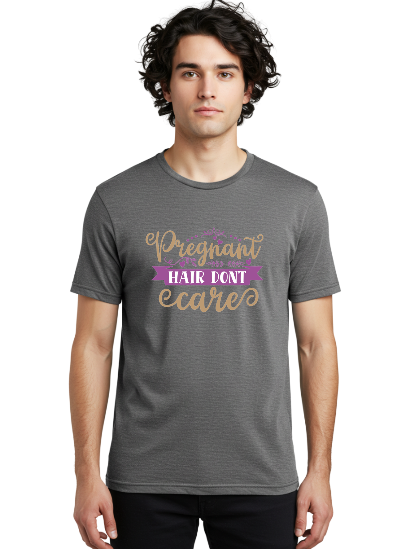Pregnant-Hair-Don-T-Care Men'S Graphic Tee, 100% Cotton, Comfortable Casual Summer Wear, Machine Washable, Pregnancy Humor, Funny Quotes, Hair Care Jokes, Pink Script, Purple Banner, Pregnancy Memes, Expectant Mothers, Humorous Sayings, Aad468 6