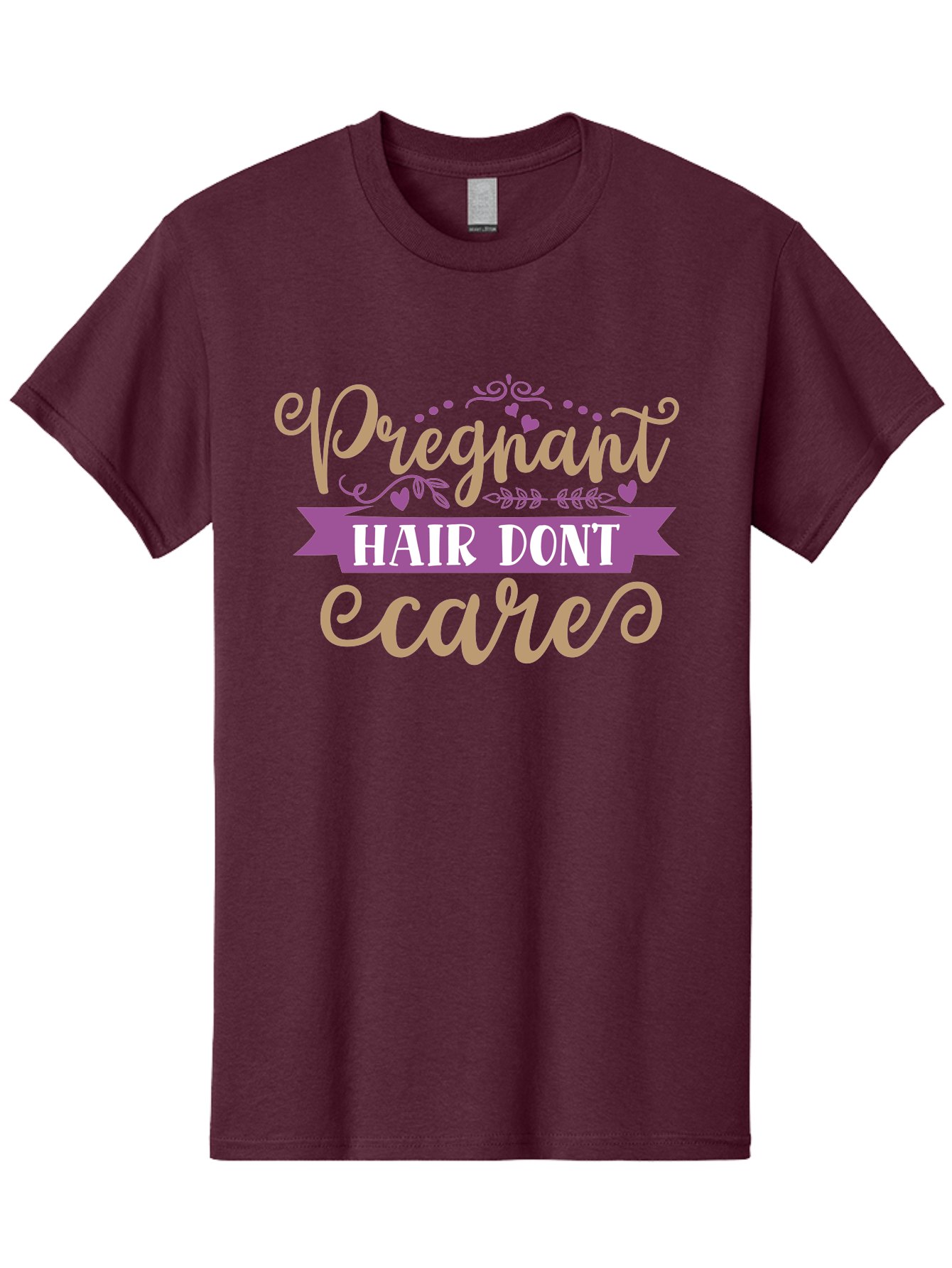 Pregnant-Hair-Don-T-Care Men'S Graphic Tee, 100% Cotton, Comfortable Casual Summer Wear, Machine Washable, Pregnancy Humor, Funny Quotes, Hair Care Jokes, Pink Script, Purple Banner, Pregnancy Memes, Expectant Mothers, Humorous Sayings, Aad468 25