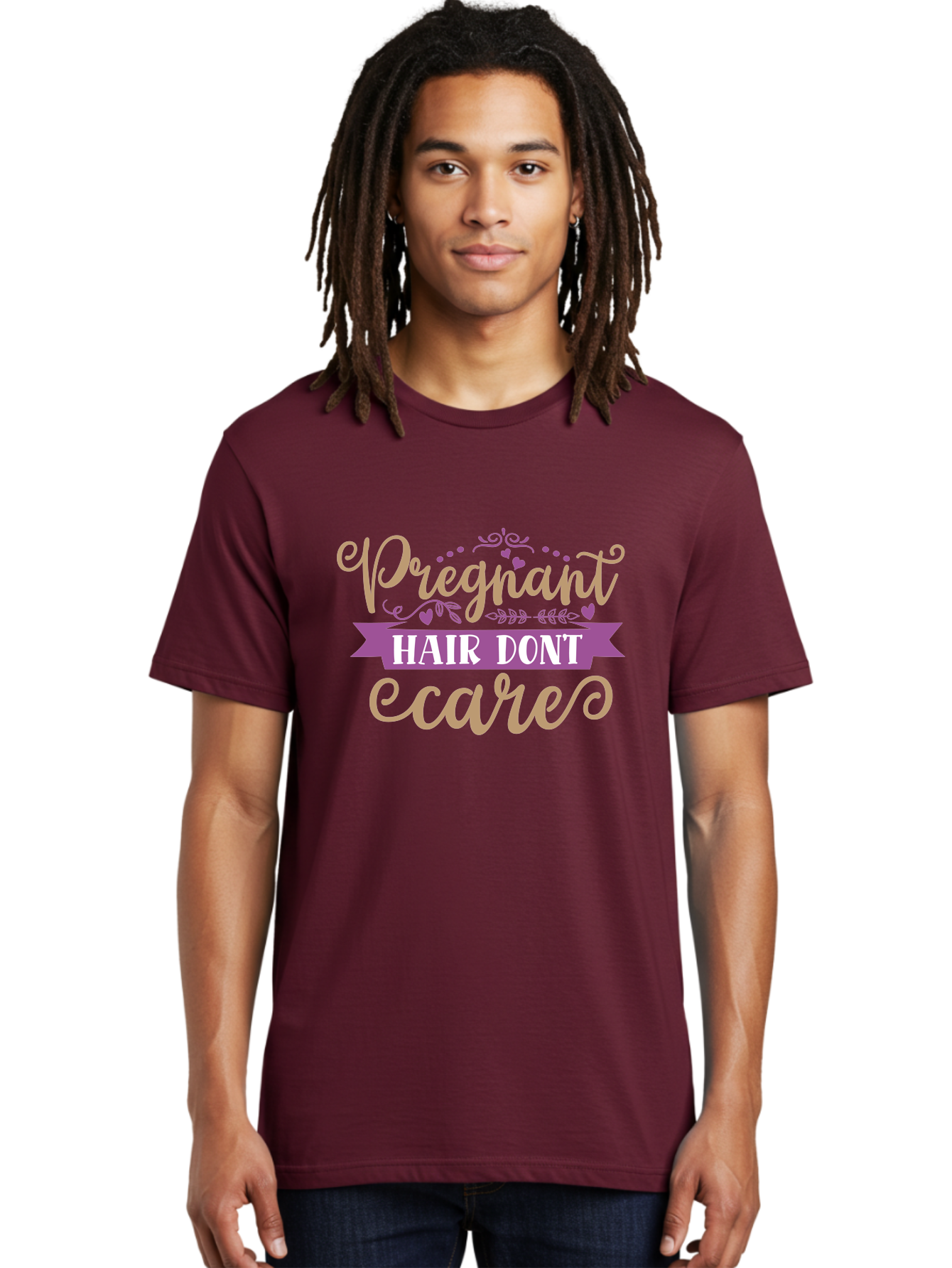 Pregnant-Hair-Don-T-Care Men'S Graphic Tee, 100% Cotton, Comfortable Casual Summer Wear, Machine Washable, Pregnancy Humor, Funny Quotes, Hair Care Jokes, Pink Script, Purple Banner, Pregnancy Memes, Expectant Mothers, Humorous Sayings, Aad468 26