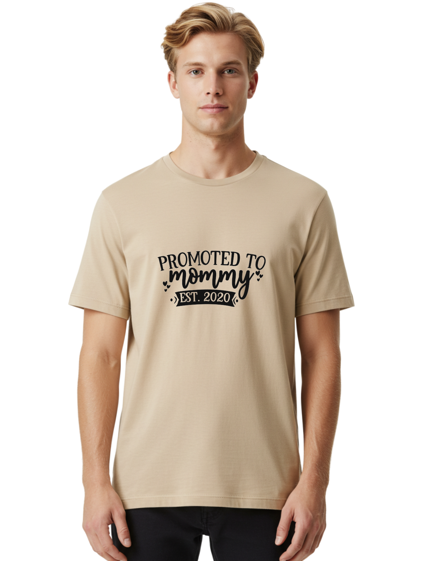 Promoted-To-Mommy Men'S Graphic Tee, 100% Cotton, Comfortable Casual Summer Wear, Machine Washable, Promoted To Mommy, New Mom, Motherhood, Est. 2020, Pregnancy Announcement, Parenting, Mother Love, Cute Design, Hearts, Banners Aad470 12