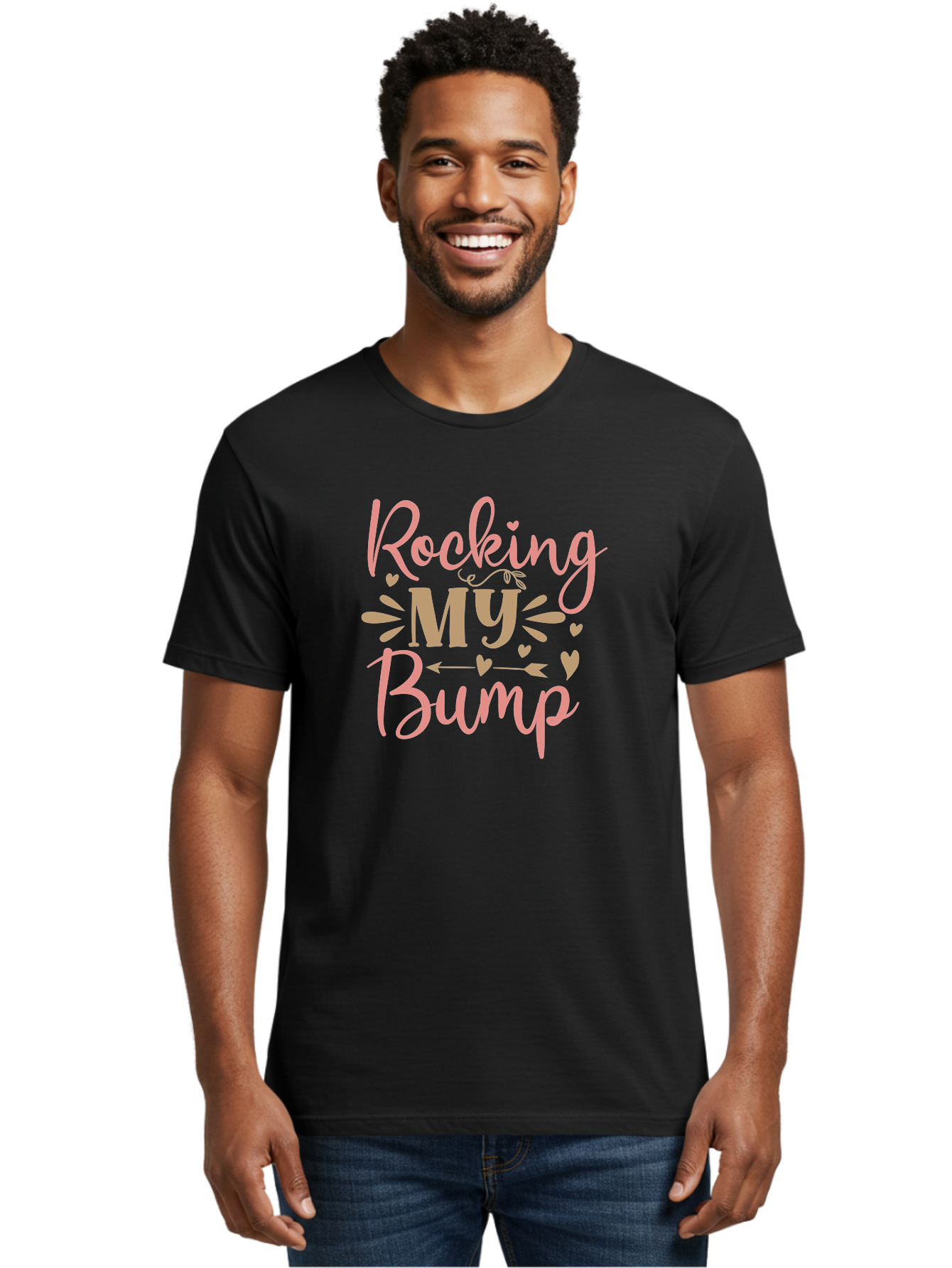 Rocking-My-Bump Men'S Graphic Tee, 100% Cotton, Comfortable Casual Summer Wear, Machine Washable, Baby Bump, Rocking My Baby Bump, Pink Cursive Text, Gold Lettering, Cute Designs, Pregnancy Announcement, Baby Shower, Hearts And Arrows, Aad473 12