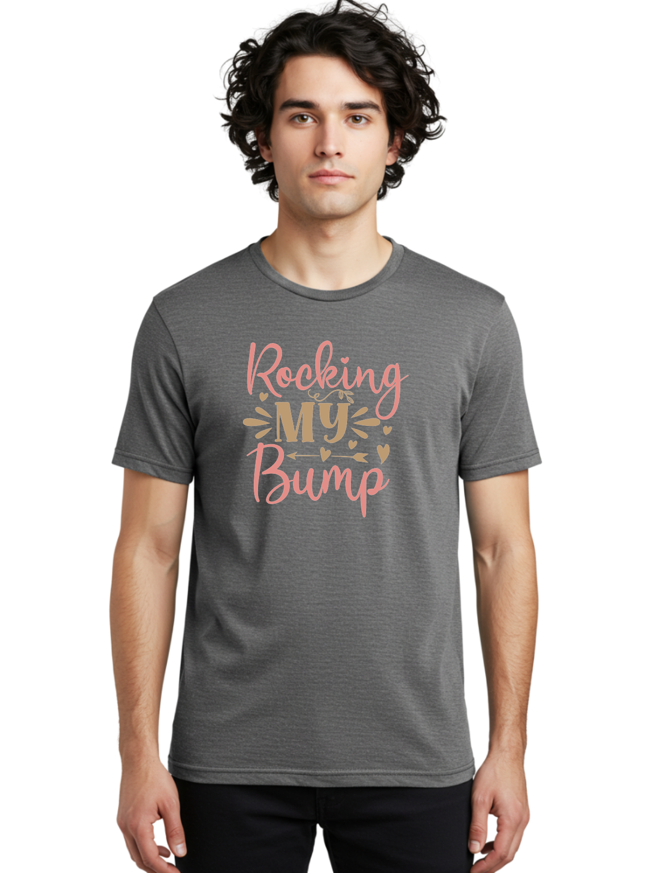 Rocking-My-Bump Men'S Graphic Tee, 100% Cotton, Comfortable Casual Summer Wear, Machine Washable, Baby Bump, Rocking My Baby Bump, Pink Cursive Text, Gold Lettering, Cute Designs, Pregnancy Announcement, Baby Shower, Hearts And Arrows, Aad473 20