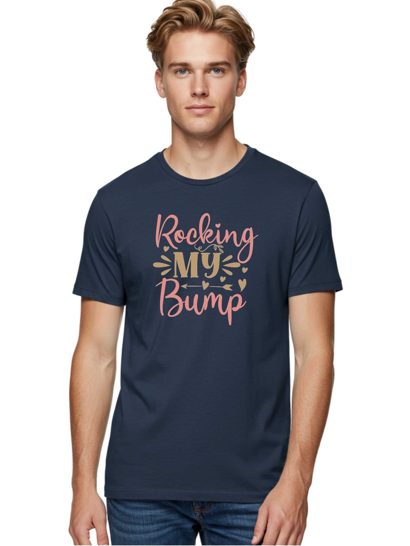 Rocking-My-Bump Men'S Graphic Tee, 100% Cotton, Comfortable Casual Summer Wear, Machine Washable, Baby Bump, Rocking My Baby Bump, Pink Cursive Text, Gold Lettering, Cute Designs, Pregnancy Announcement, Baby Shower, Hearts And Arrows, Aad473 28