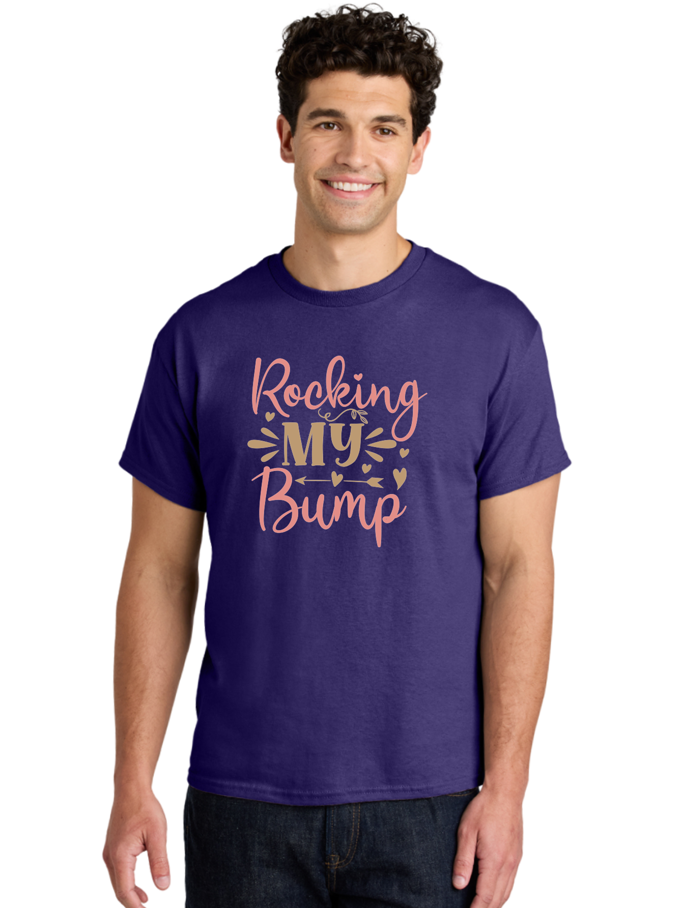 Rocking-My-Bump Men'S Graphic Tee, 100% Cotton, Comfortable Casual Summer Wear, Machine Washable, Baby Bump, Rocking My Baby Bump, Pink Cursive Text, Gold Lettering, Cute Designs, Pregnancy Announcement, Baby Shower, Hearts And Arrows, Aad473 22