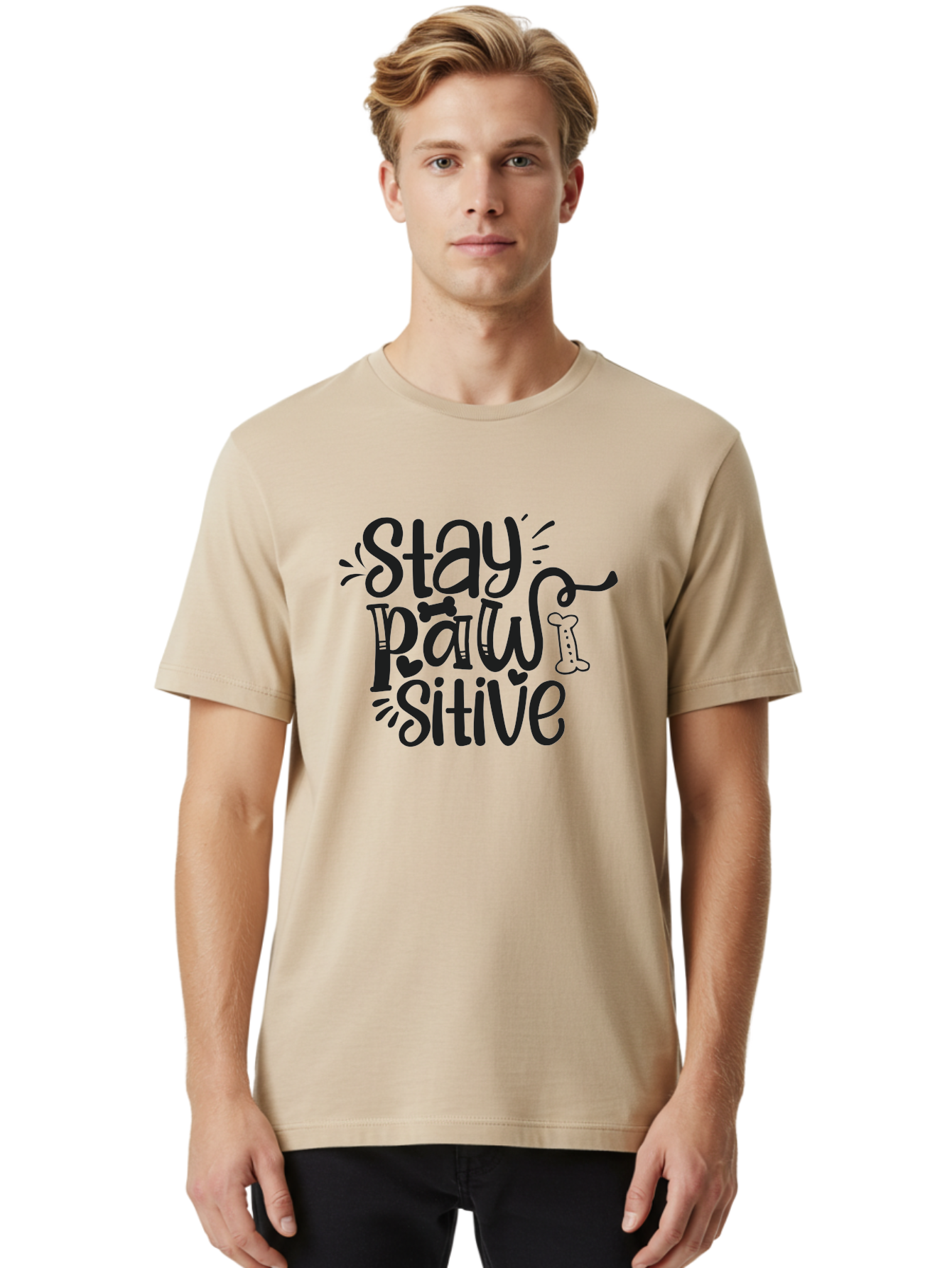 Stay-Paw-Sitive Men'S Graphic Tee, 100% Cotton, Comfortable Casual Summer Wear, Machine Washable, Dog Lover Quote, Positivity, Motivational Phrase, Paw Print, Dog Bones, Funny Dog Saying, Inspirational Quote, Pet Love, Stay Positive Aad482 22