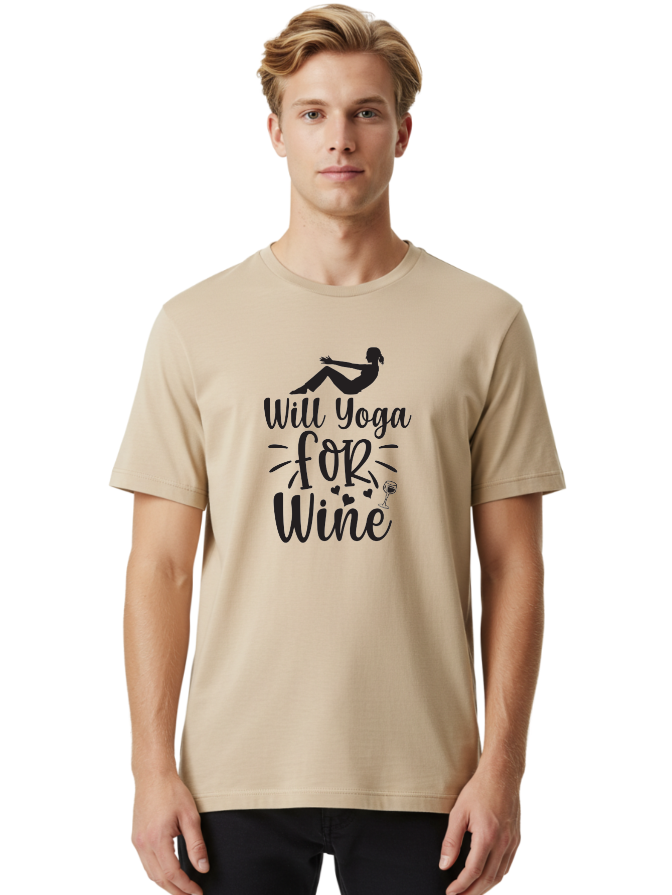 Will-Yoga-For-Wine Men'S Graphic Tee, 100% Cotton, Comfortable Casual Summer Wear, Machine Washable, Yoga Enthusiast, Wine Lover, Fitness Humor, Funny Quote, Yoga For Wine, Wine Glass, Hearts, Relaxed Pose, Zen, Wellness Aad504 30