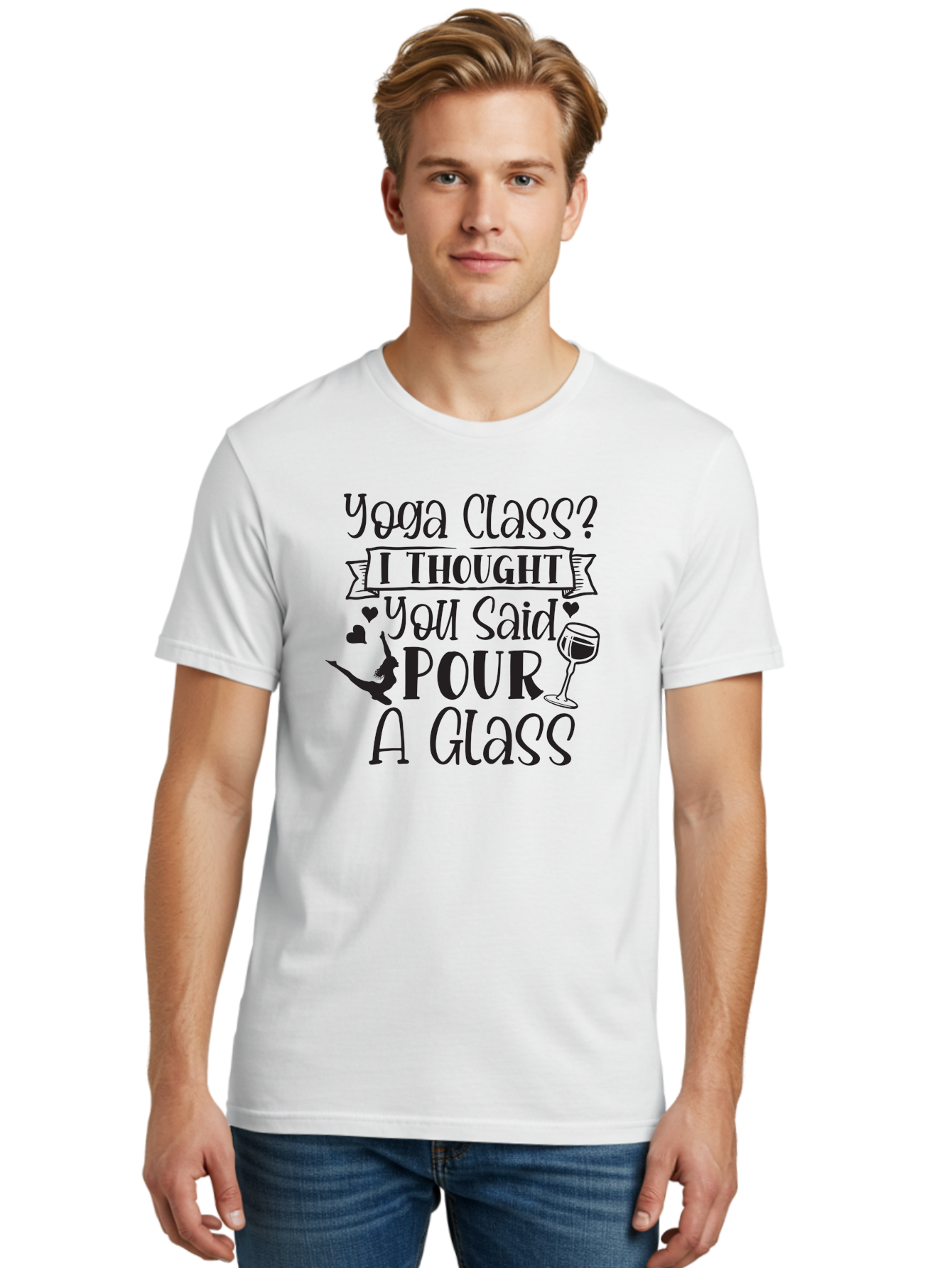 Yoga-Class-I-Thought-You-Said-Pour-A-Glass Men'S Graphic Tee, 100% Cotton, Comfortable Casual Summer Wear, Machine Washable, Yoga Humor, Funny Quote, Wine And Yoga, Pun, Humor Graphic, Wine Lover, Yoga Enthusiast, Witty Saying, Playful Design, Aad514 30