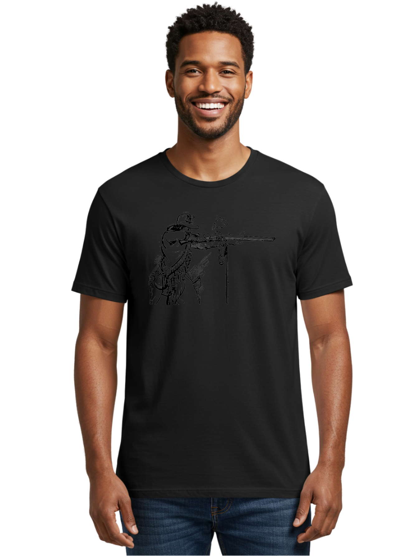 Cowboy-Firing-Rifle Men'S Graphic Tee, 100% Cotton, Comfortable Casual Summer Wear, Machine Washable, Cowboy Shooting Rifle, Western Art, Vintage Cowboy, Cowboy Hat, Rifle Smoke, Black And White Illustration, Cowboy Culture, Wild West Aad526 6