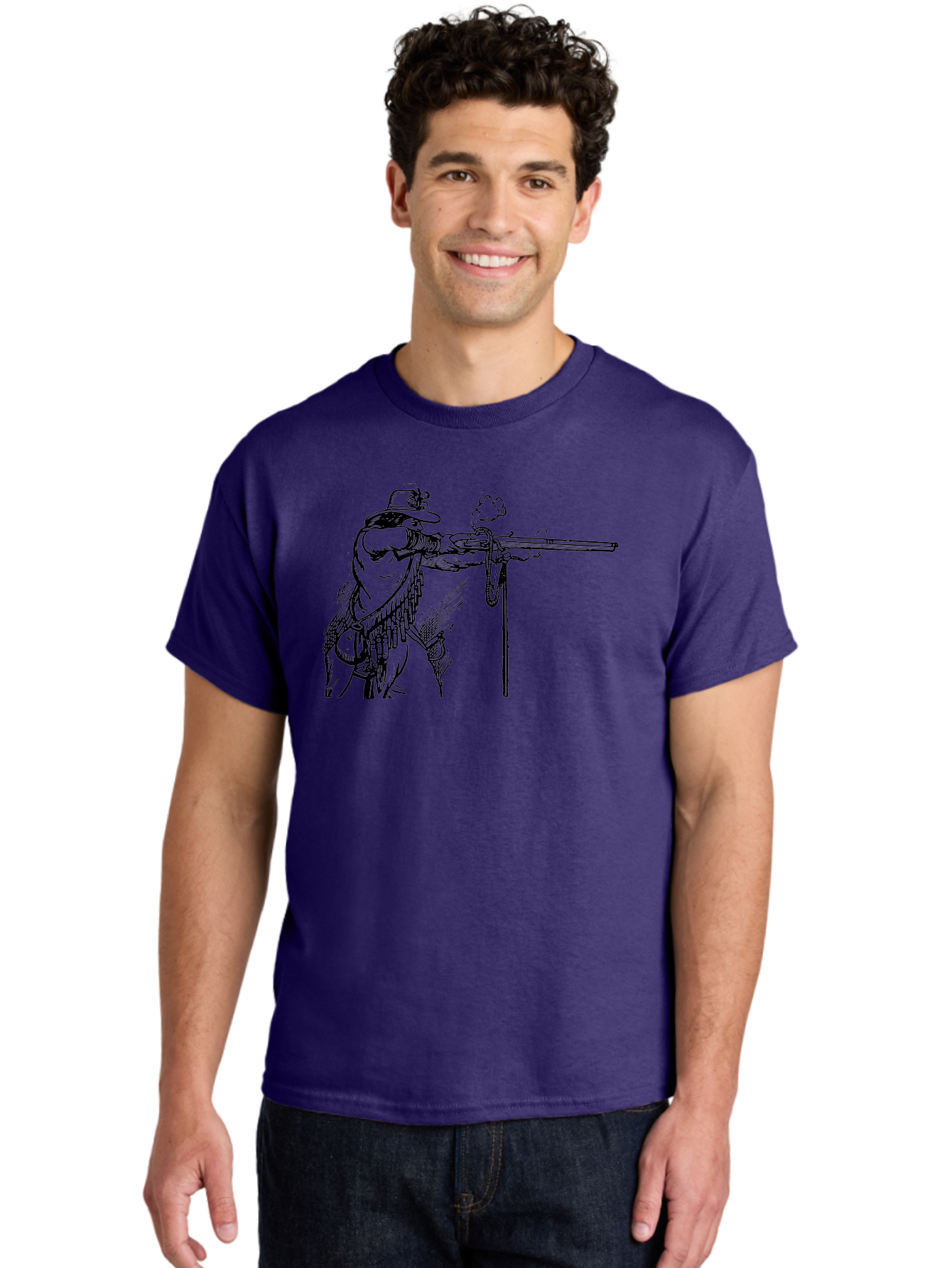 Cowboy-Firing-Rifle Men'S Graphic Tee, 100% Cotton, Comfortable Casual Summer Wear, Machine Washable, Cowboy Shooting Rifle, Western Art, Vintage Cowboy, Cowboy Hat, Rifle Smoke, Black And White Illustration, Cowboy Culture, Wild West Aad526 16