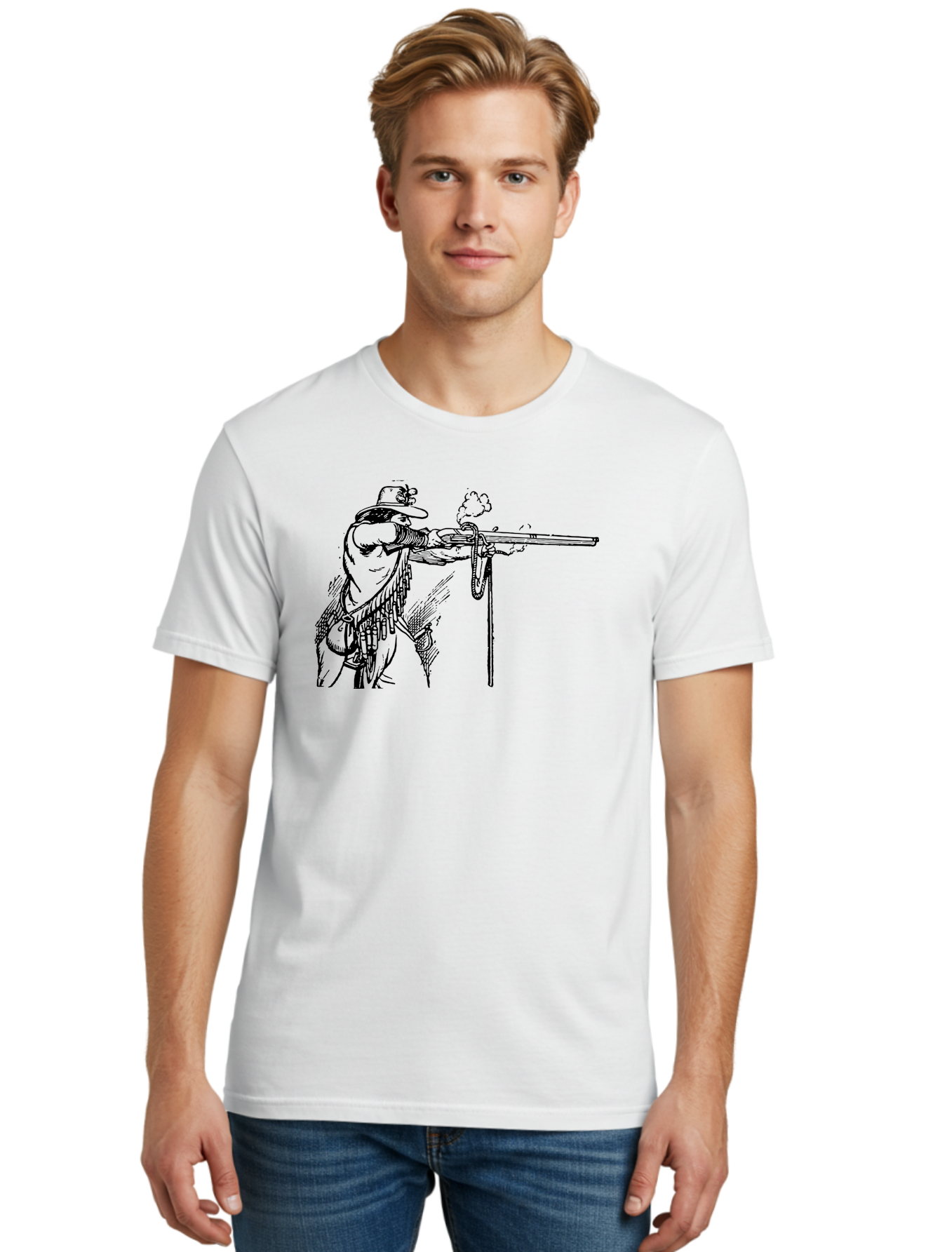 Cowboy-Firing-Rifle Men'S Graphic Tee, 100% Cotton, Comfortable Casual Summer Wear, Machine Washable, Cowboy Shooting Rifle, Western Art, Vintage Cowboy, Cowboy Hat, Rifle Smoke, Black And White Illustration, Cowboy Culture, Wild West Aad526 22