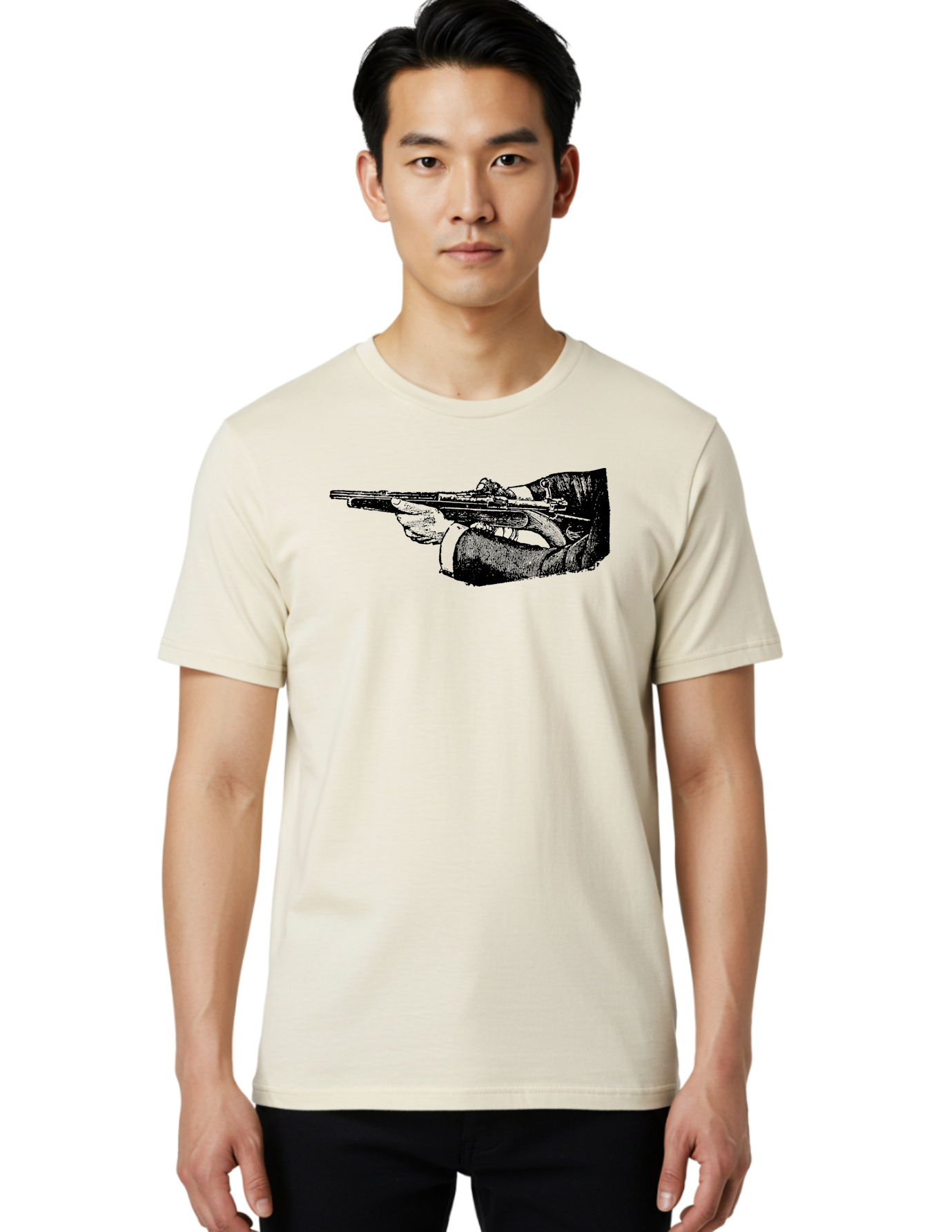Hand-Holding-Rifle Men'S Graphic Tee, 100% Cotton, Comfortable Casual Summer Wear, Machine Washable, Rifle In Hand, Gun Illustration, Vintage Art, Firearm Graphic, Black And White, Shooter Illustration, Handgun Artwork Aad538 12