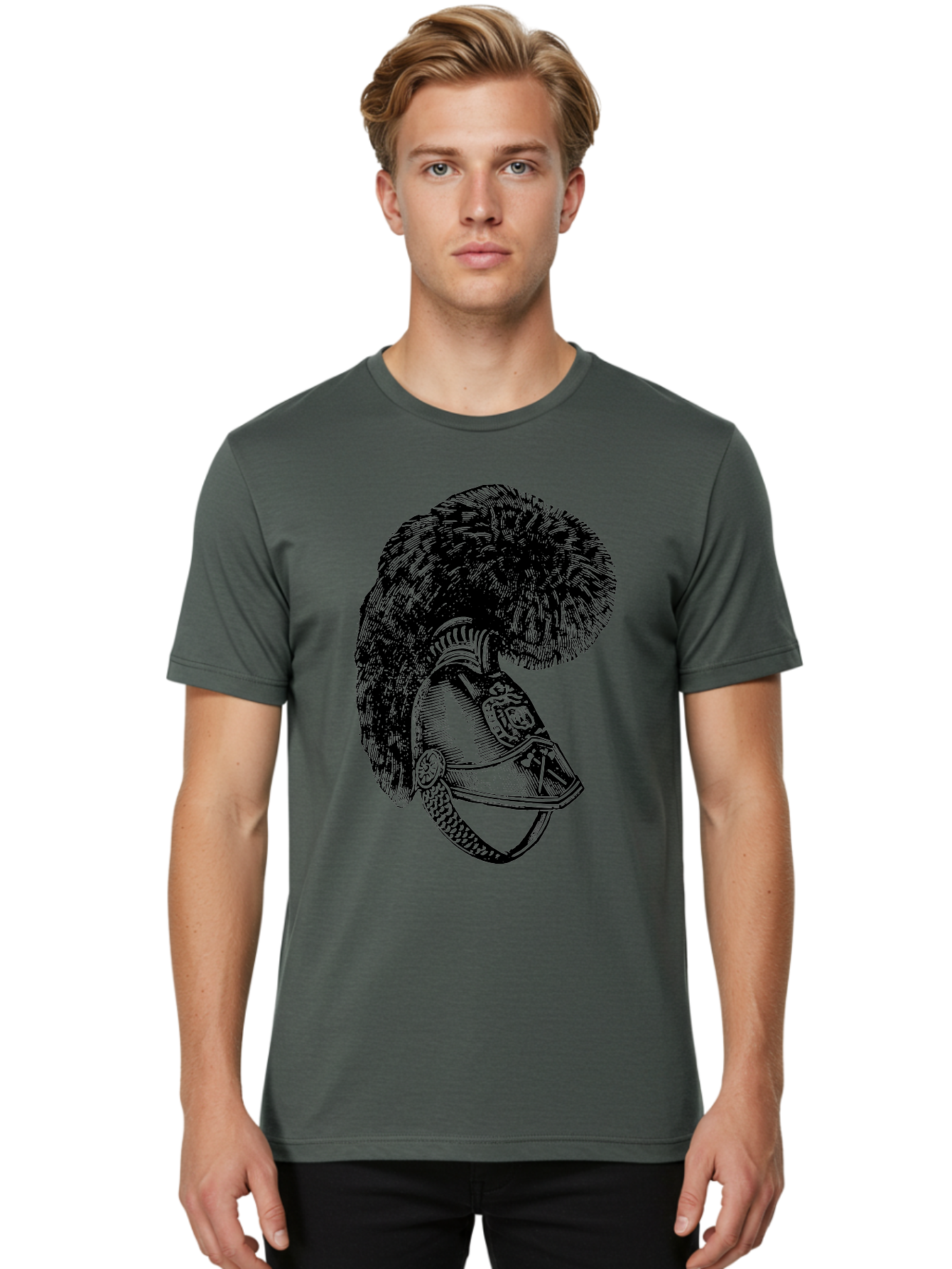 Helmet-With-Plume Men'S Graphic Tee, 100% Cotton, Comfortable Casual Summer Wear, Machine Washable, Medieval Knight Helmet, Metal Armor, Feathered Crest, Vintage Design, Warrior'S Gear, Historical Illustration, Ornate Details, Aad541 18