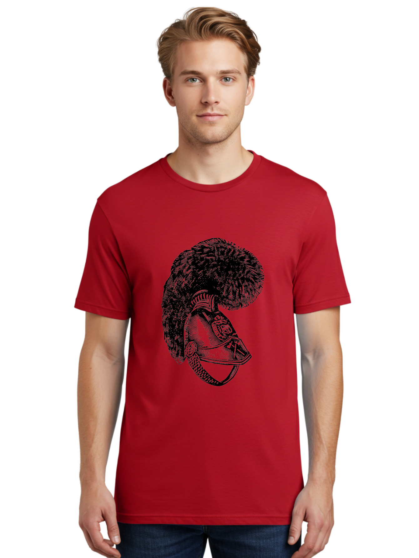 Helmet-With-Plume Men'S Graphic Tee, 100% Cotton, Comfortable Casual Summer Wear, Machine Washable, Medieval Knight Helmet, Metal Armor, Feathered Crest, Vintage Design, Warrior'S Gear, Historical Illustration, Ornate Details, Aad541 12