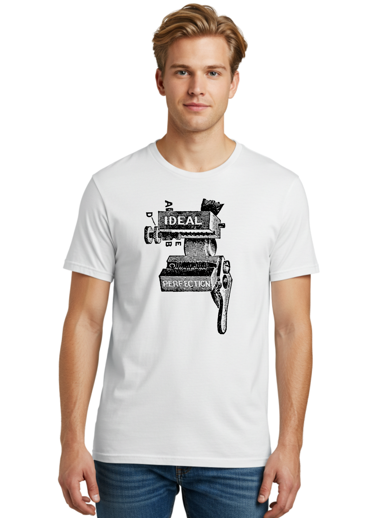 Ideal-And-Perfection-Lathe Men'S Graphic Tee, 100% Cotton, Comfortable Casual Summer Wear, Machine Washable, Ideal, Perfection, Old Machinery, Vintage Industrial, Metalwork, Mechanical Parts, Distressed Texture, Typography Art, Abc Letters, Aad544 18