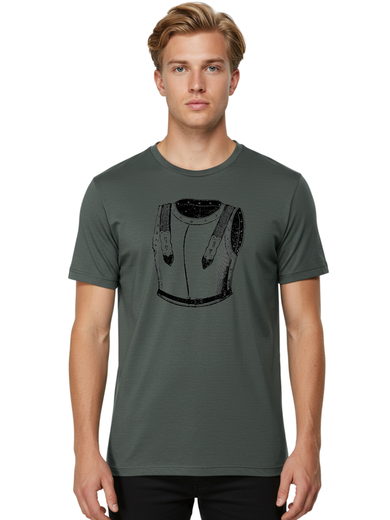 Leather-Corset Men'S Graphic Tee, 100% Cotton, Comfortable Casual Summer Wear, Machine Washable, Medieval Armor, Leather Protection, Historical Clothing, Black And White Illustration, Armor Straps, Keyhole Buckles, Vintage Style, Aad545 18