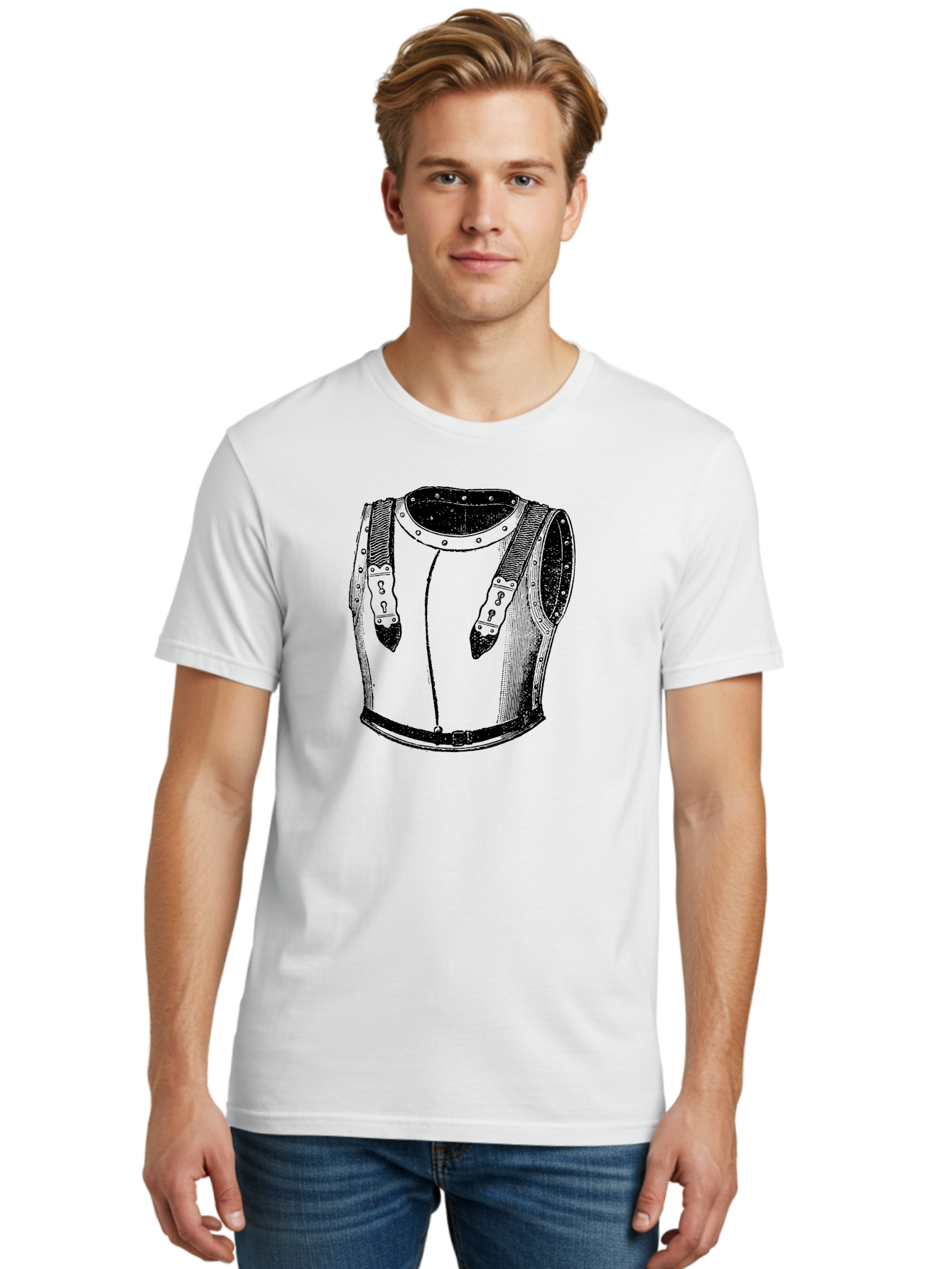 Leather-Corset Men'S Graphic Tee, 100% Cotton, Comfortable Casual Summer Wear, Machine Washable, Medieval Armor, Leather Protection, Historical Clothing, Black And White Illustration, Armor Straps, Keyhole Buckles, Vintage Style, Aad545 6
