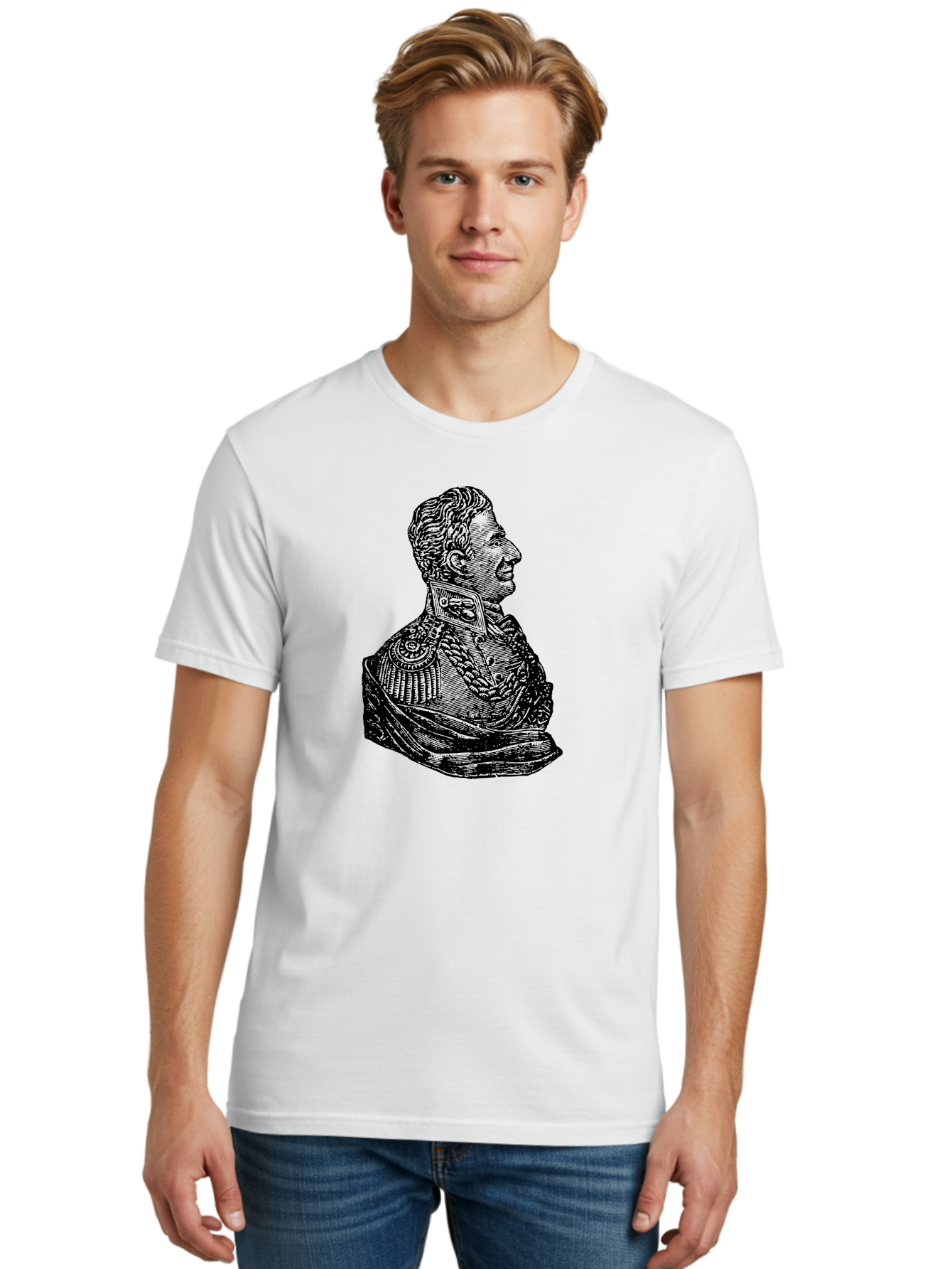 Military-Officer-Bust Men'S Graphic Tee, 100% Cotton, Comfortable Casual Summer Wear, Machine Washable, Military Officer, Historical Figure, Military Uniform, Decorated Jacket, Ornate Details, Side Profile, Illustration Art, Vintage Style, Aad550 24