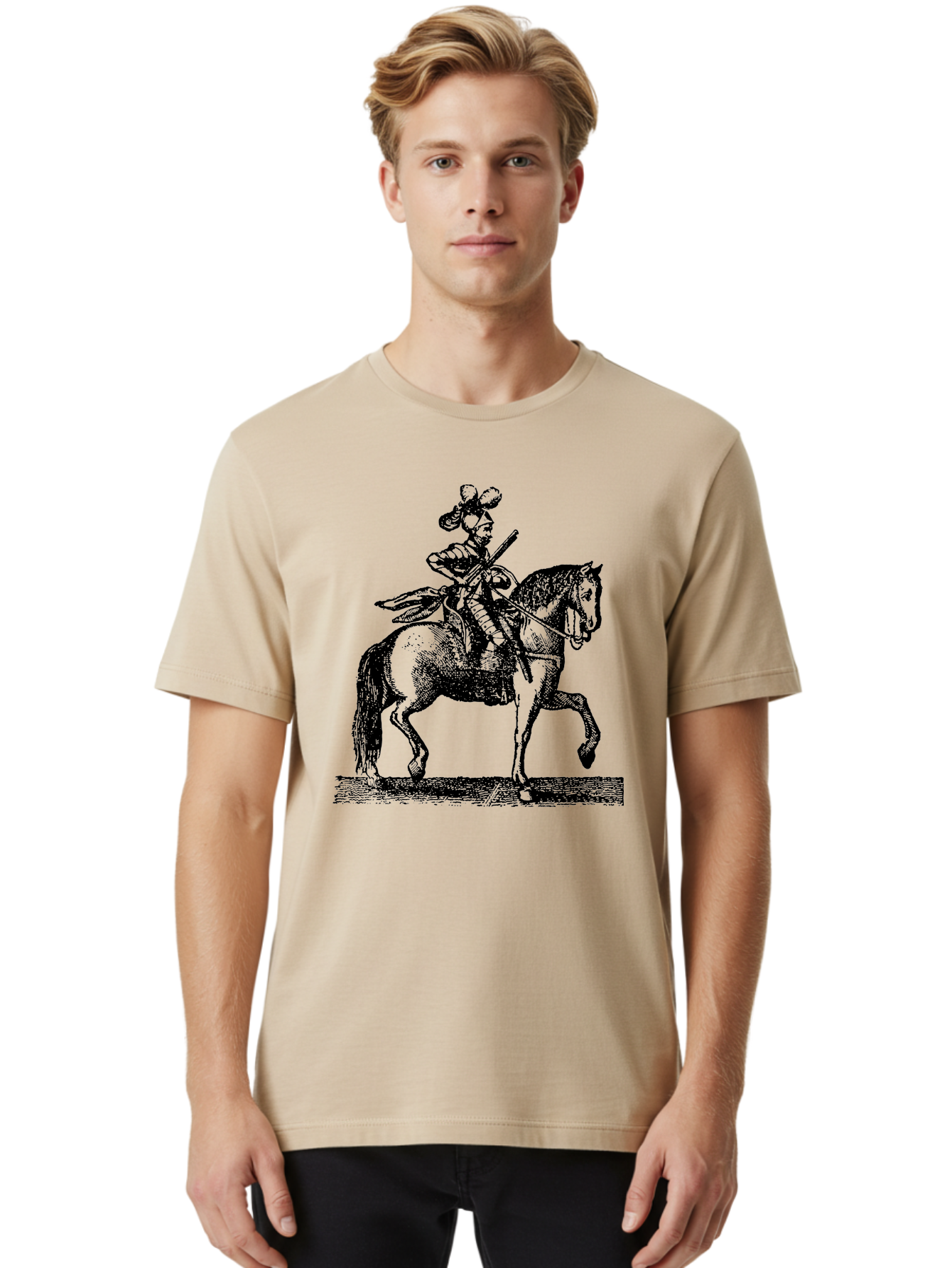 Soldier-On-Horseback Men'S Graphic Tee, 100% Cotton, Comfortable Casual Summer Wear, Machine Washable, Soldier Riding Horse, Cavalryman In Action, Equestrian Warrior, Historical Illustration, Horseback Rider, Military Uniform, Armed Soldier, Aad559 26