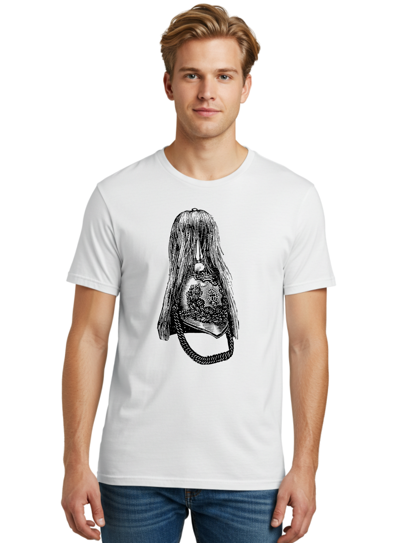 Woman-S-Purse Men'S Graphic Tee, 100% Cotton, Comfortable Casual Summer Wear, Machine Washable, Bell With Long Hair, Vintage Illustration, Gothic Art, Mysterious Symbols, Intricate Details, Abstract Portrait, Symbolic Imagery, Mysterious Bell, Aad567 18