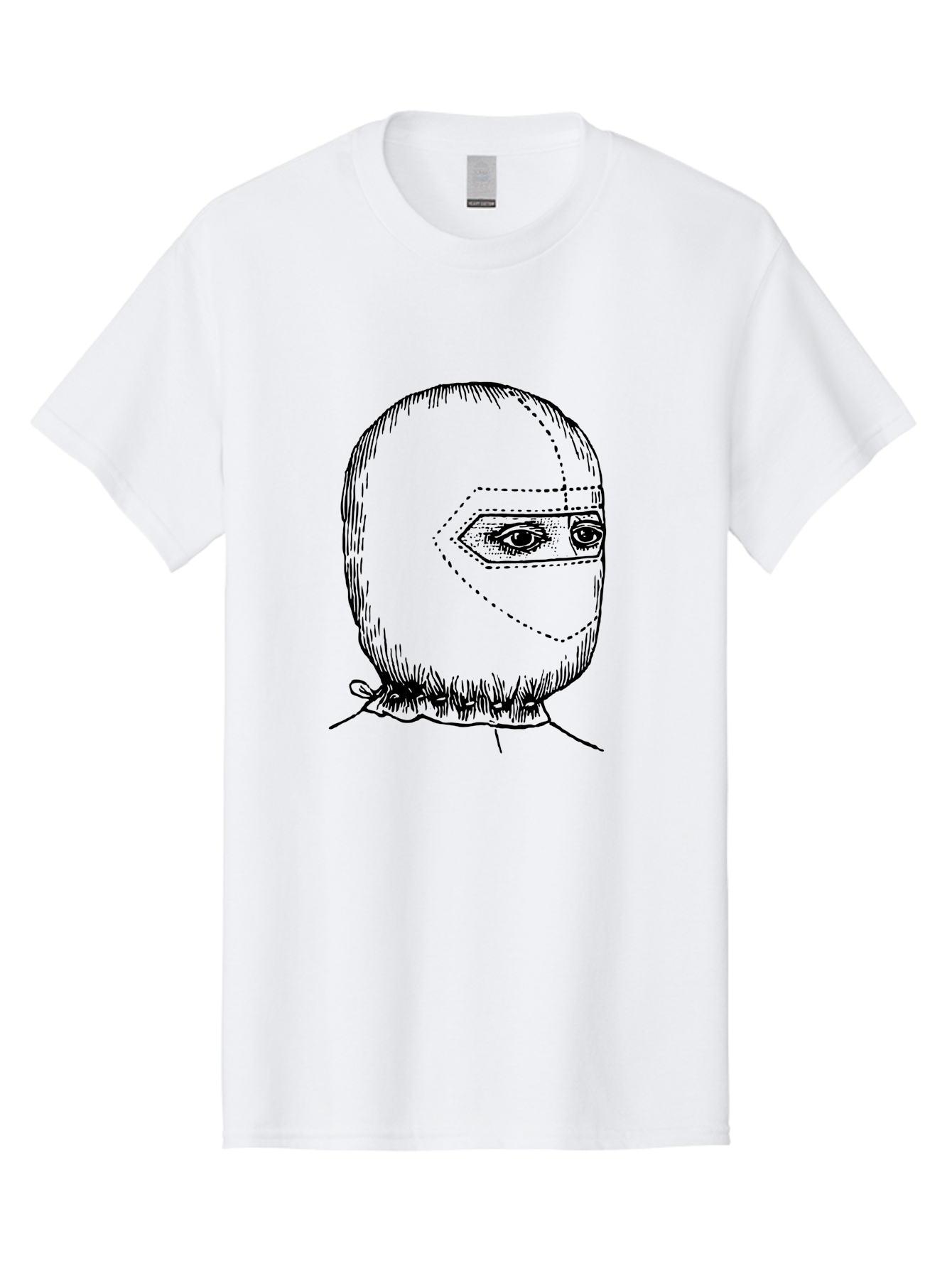 Masked-Figure Men'S Graphic Tee, 100% Cotton, Comfortable Casual Summer Wear, Machine Washable, Burglar Mask, Black And White Illustration, Crime Theme, Robber Costume, Dotted Lines, Facial Features Hidden, Menacing Figure, Sketch Art, Aad633 3