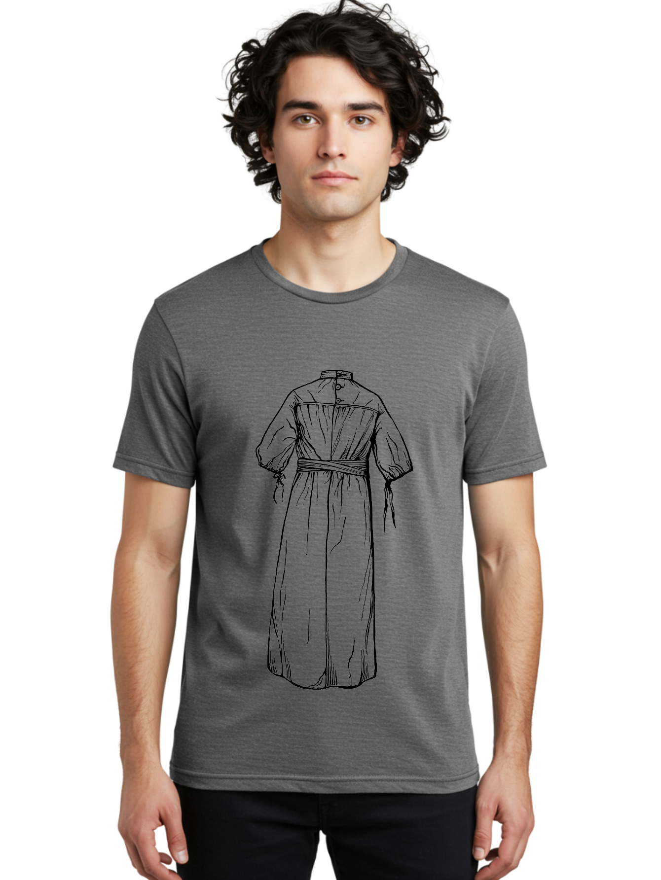 Smock-Dress Men'S Graphic Tee, 100% Cotton, Comfortable Casual Summer Wear, Machine Washable, Long Dress Illustration, Minimalist Fashion, Simple Clothing Design, High Neckline, Puffy Sleeves, Belted Waist, Elegant Style, Classic Garment, Aad650 16