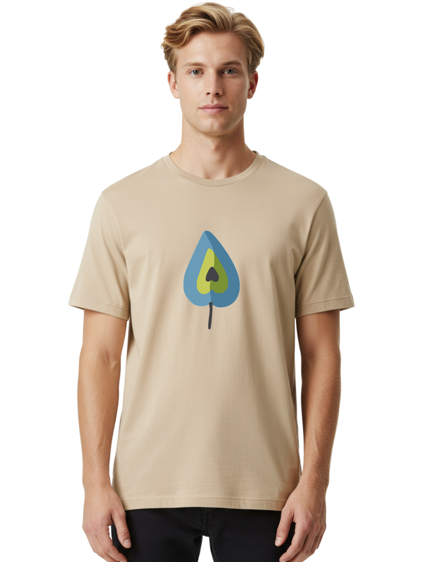 Avocado-1 Men'S Graphic Tee, 100% Cotton, Comfortable Casual Summer Wear, Machine Washable, Stylized Leaf, Blue And Yellow Design, Heart-Shaped Center, Black Stem, Abstract Art, Modern Illustration, Symbolic Leaf, Minimalist Graphic Aad668 22