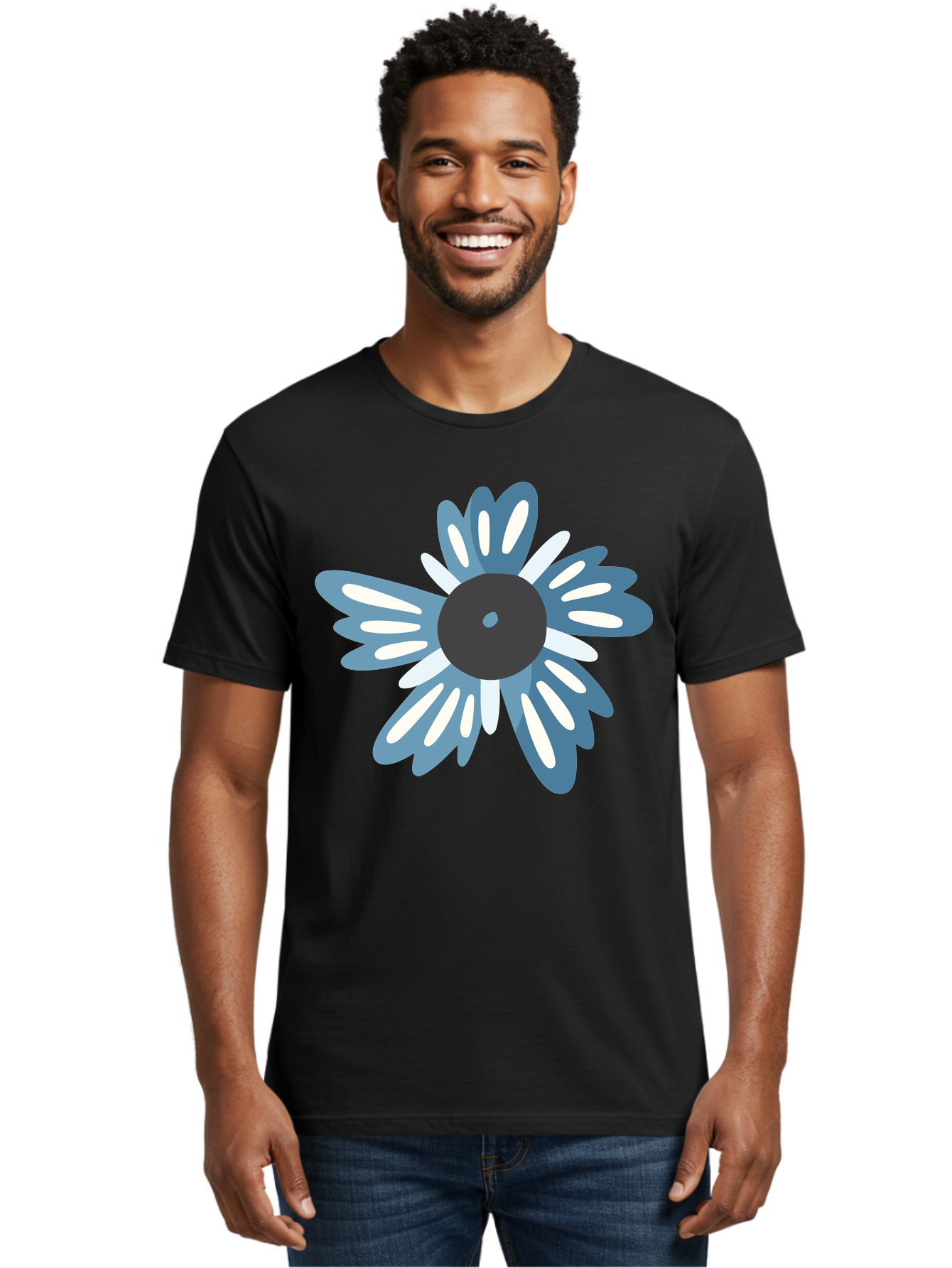 Blue-Flower Men'S Graphic Tee, 100% Cotton, Comfortable Casual Summer Wear, Machine Washable, Vinyl Record, Flower Graphic, Blue And White Petals, Black Center, Modern Art, Digital Illustration, Abstract Design, Creative Graphic Aad676 10