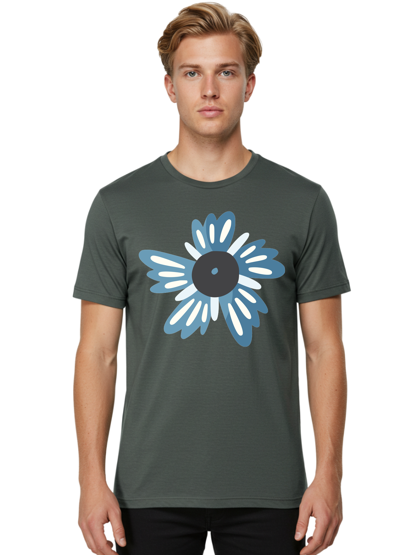 Blue-Flower Men'S Graphic Tee, 100% Cotton, Comfortable Casual Summer Wear, Machine Washable, Vinyl Record, Flower Graphic, Blue And White Petals, Black Center, Modern Art, Digital Illustration, Abstract Design, Creative Graphic Aad676 26