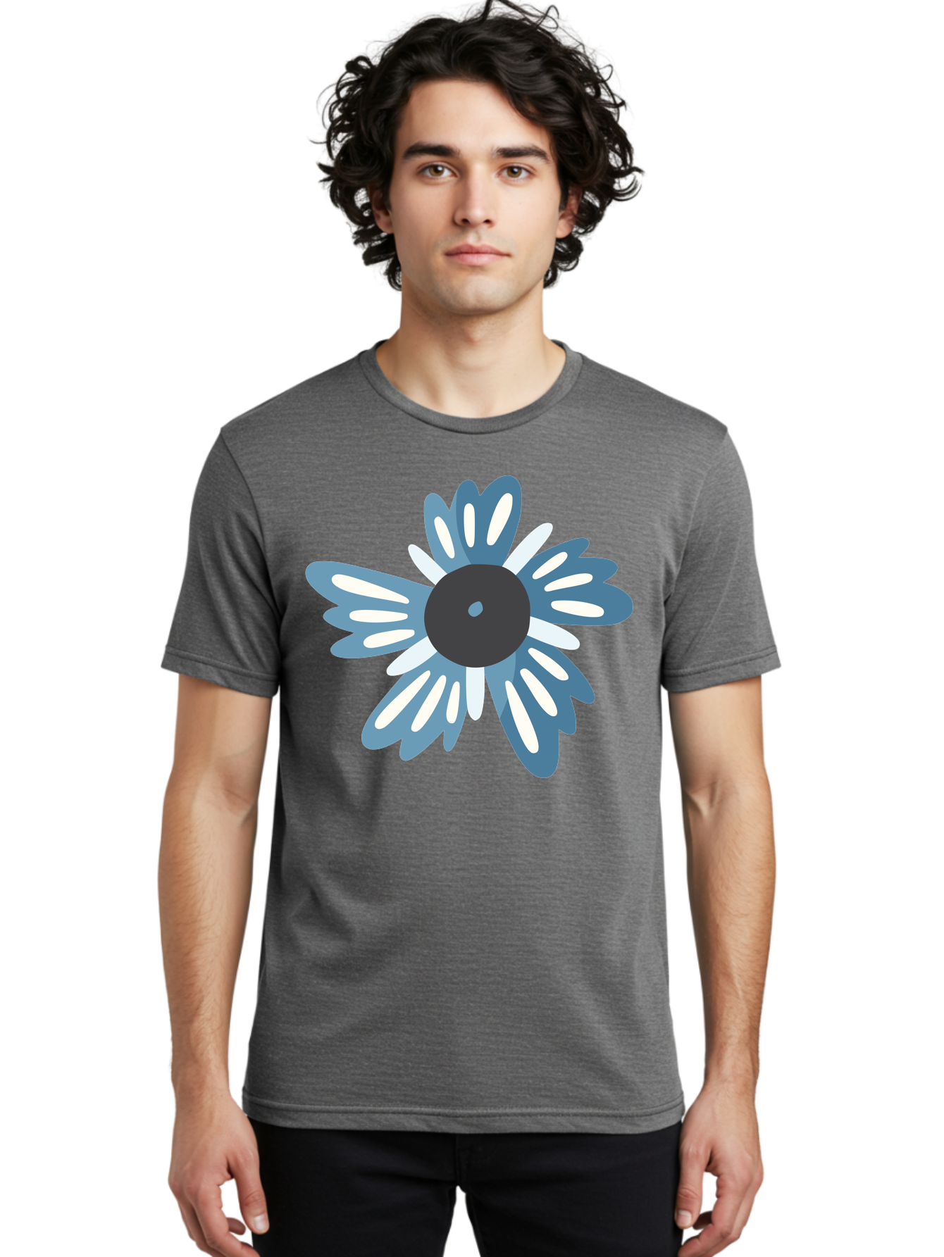 Blue-Flower Men'S Graphic Tee, 100% Cotton, Comfortable Casual Summer Wear, Machine Washable, Vinyl Record, Flower Graphic, Blue And White Petals, Black Center, Modern Art, Digital Illustration, Abstract Design, Creative Graphic Aad676 24