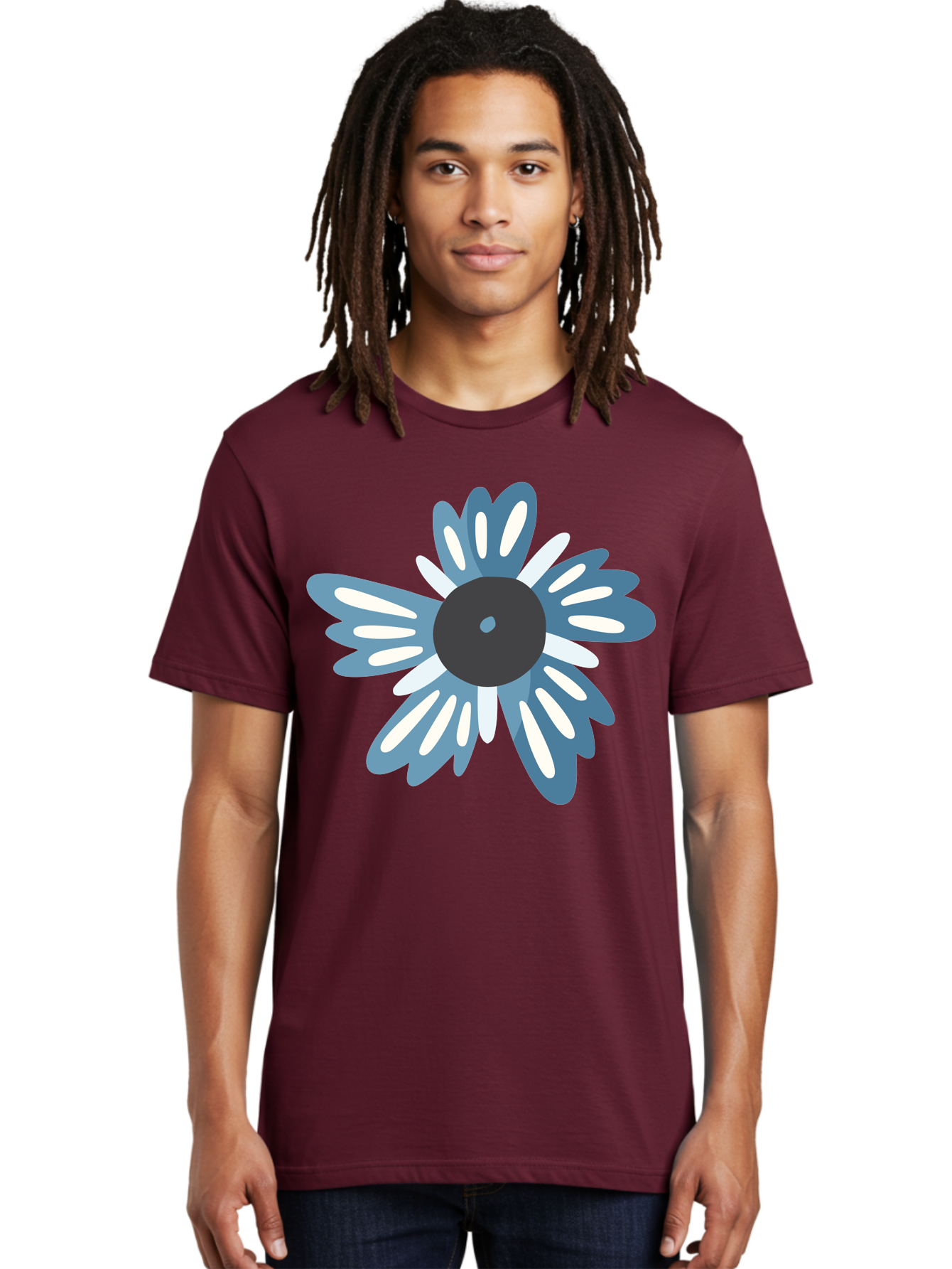 Blue-Flower Men'S Graphic Tee, 100% Cotton, Comfortable Casual Summer Wear, Machine Washable, Vinyl Record, Flower Graphic, Blue And White Petals, Black Center, Modern Art, Digital Illustration, Abstract Design, Creative Graphic Aad676 4