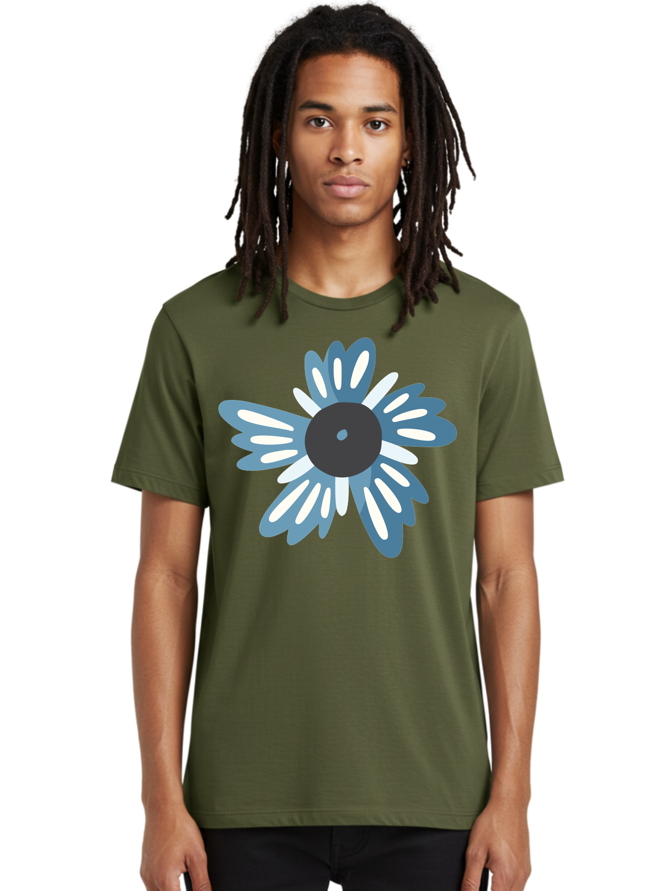 Blue-Flower Men'S Graphic Tee, 100% Cotton, Comfortable Casual Summer Wear, Machine Washable, Vinyl Record, Flower Graphic, Blue And White Petals, Black Center, Modern Art, Digital Illustration, Abstract Design, Creative Graphic Aad676 14
