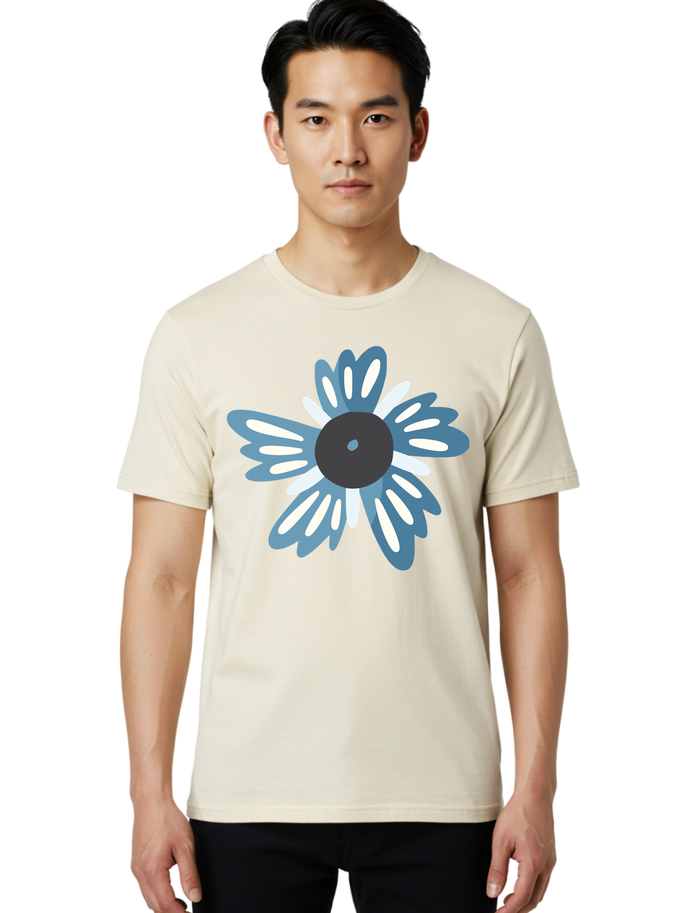 Blue-Flower Men'S Graphic Tee, 100% Cotton, Comfortable Casual Summer Wear, Machine Washable, Vinyl Record, Flower Graphic, Blue And White Petals, Black Center, Modern Art, Digital Illustration, Abstract Design, Creative Graphic Aad676 18