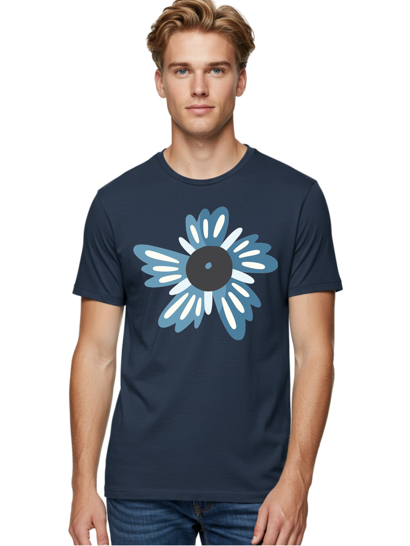 Blue-Flower Men'S Graphic Tee, 100% Cotton, Comfortable Casual Summer Wear, Machine Washable, Vinyl Record, Flower Graphic, Blue And White Petals, Black Center, Modern Art, Digital Illustration, Abstract Design, Creative Graphic Aad676 22