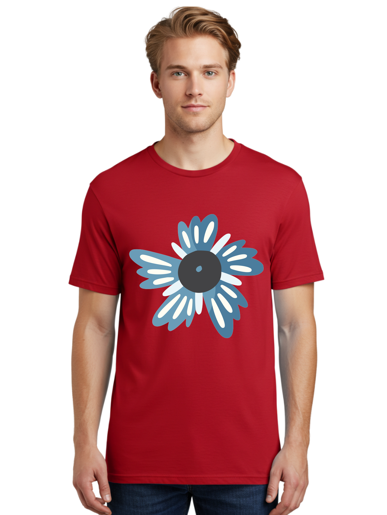 Blue-Flower Men'S Graphic Tee, 100% Cotton, Comfortable Casual Summer Wear, Machine Washable, Vinyl Record, Flower Graphic, Blue And White Petals, Black Center, Modern Art, Digital Illustration, Abstract Design, Creative Graphic Aad676 28