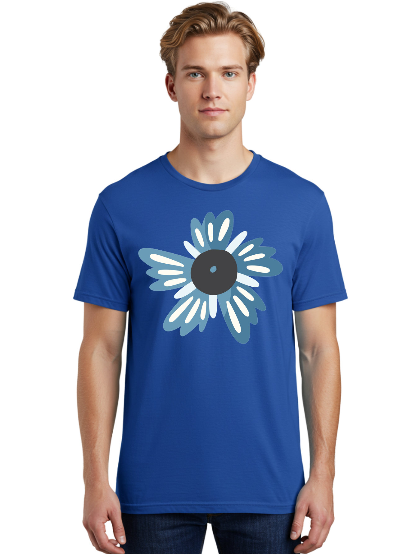 Blue-Flower Men'S Graphic Tee, 100% Cotton, Comfortable Casual Summer Wear, Machine Washable, Vinyl Record, Flower Graphic, Blue And White Petals, Black Center, Modern Art, Digital Illustration, Abstract Design, Creative Graphic Aad676 8