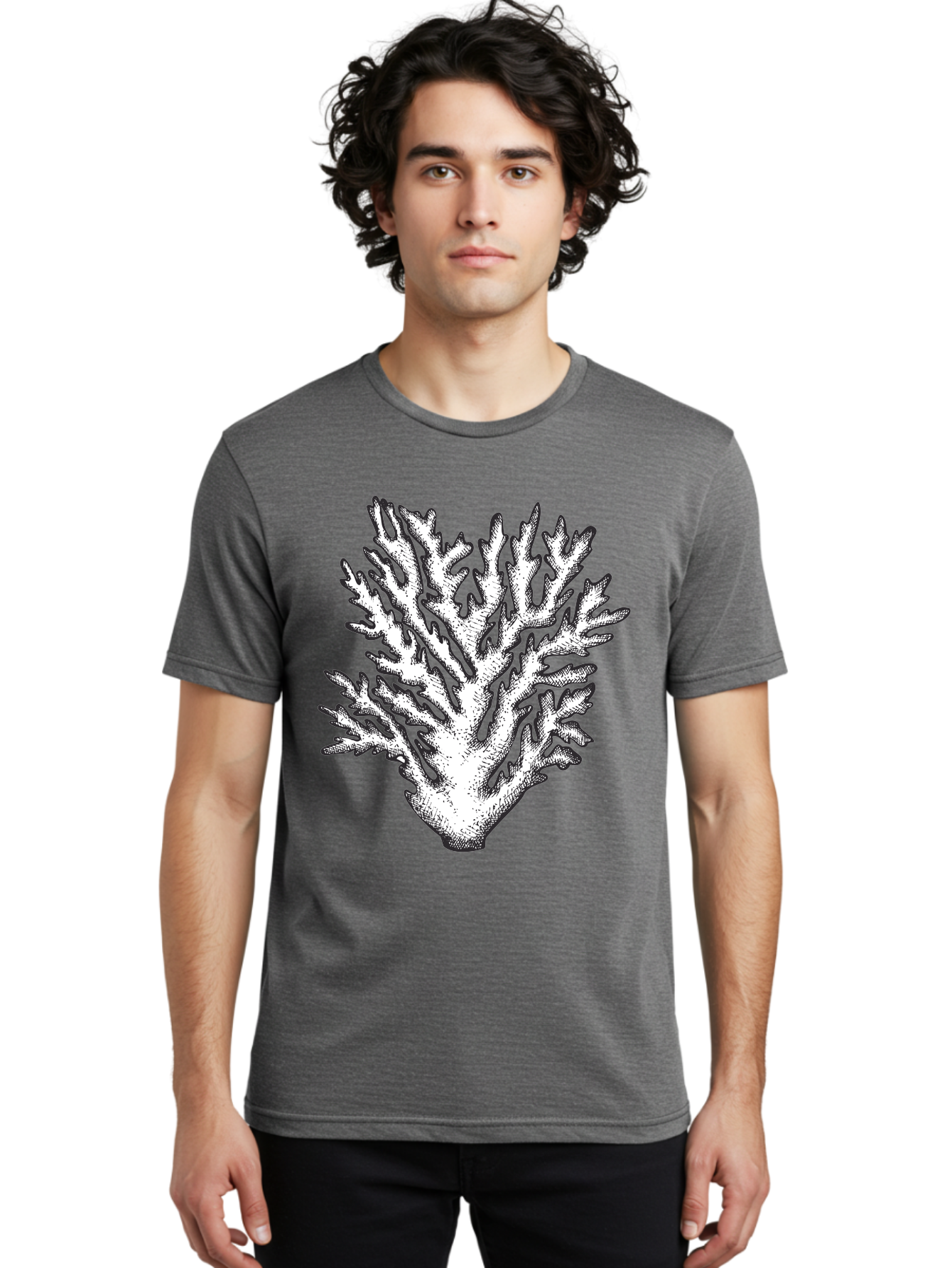 Coral-1 Men'S Graphic Tee, 100% Cotton, Comfortable Casual Summer Wear, Machine Washable, White Coral, Coral Illustration, Marine Life, Underwater World, Ocean Creatures, Coral Reef, Black And White Art Aad688 20