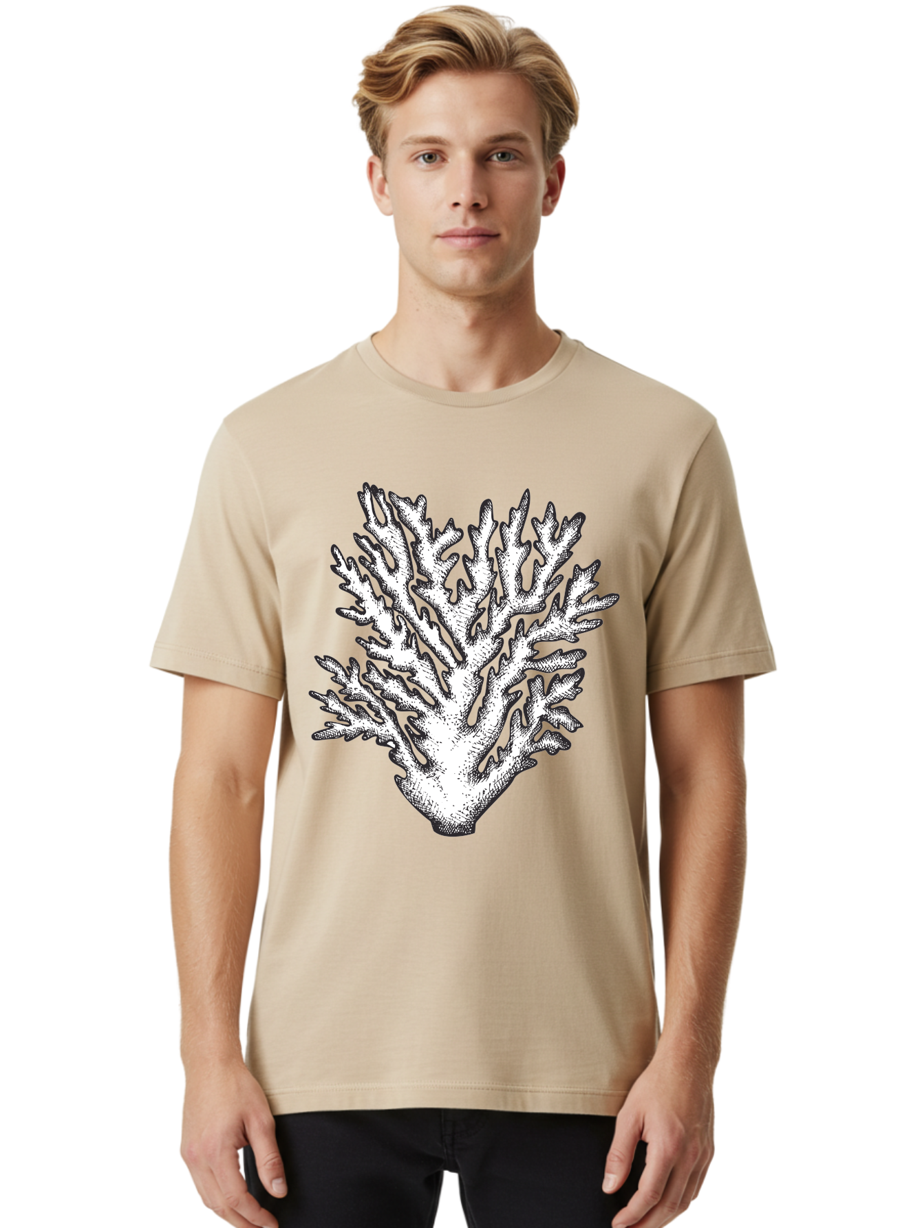 Coral-1 Men'S Graphic Tee, 100% Cotton, Comfortable Casual Summer Wear, Machine Washable, White Coral, Coral Illustration, Marine Life, Underwater World, Ocean Creatures, Coral Reef, Black And White Art Aad688 10