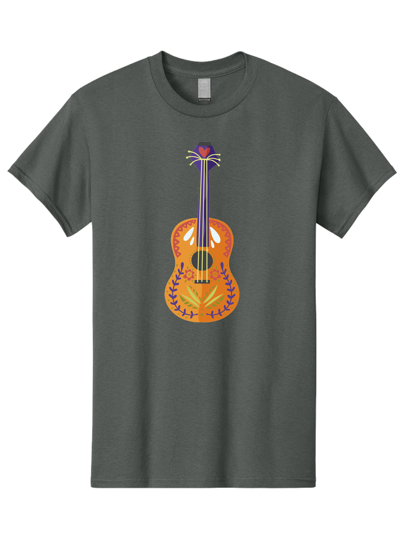 Mexican-Guitar Men'S Graphic Tee, 100% Cotton, Comfortable Casual Summer Wear, Machine Washable, Acoustic Guitar, Stringed Instrument, Music, Floral Pattern, Red And Blue Design, Orange Body, Yellow And White Strings, Cat Face Headstock Aad722 23