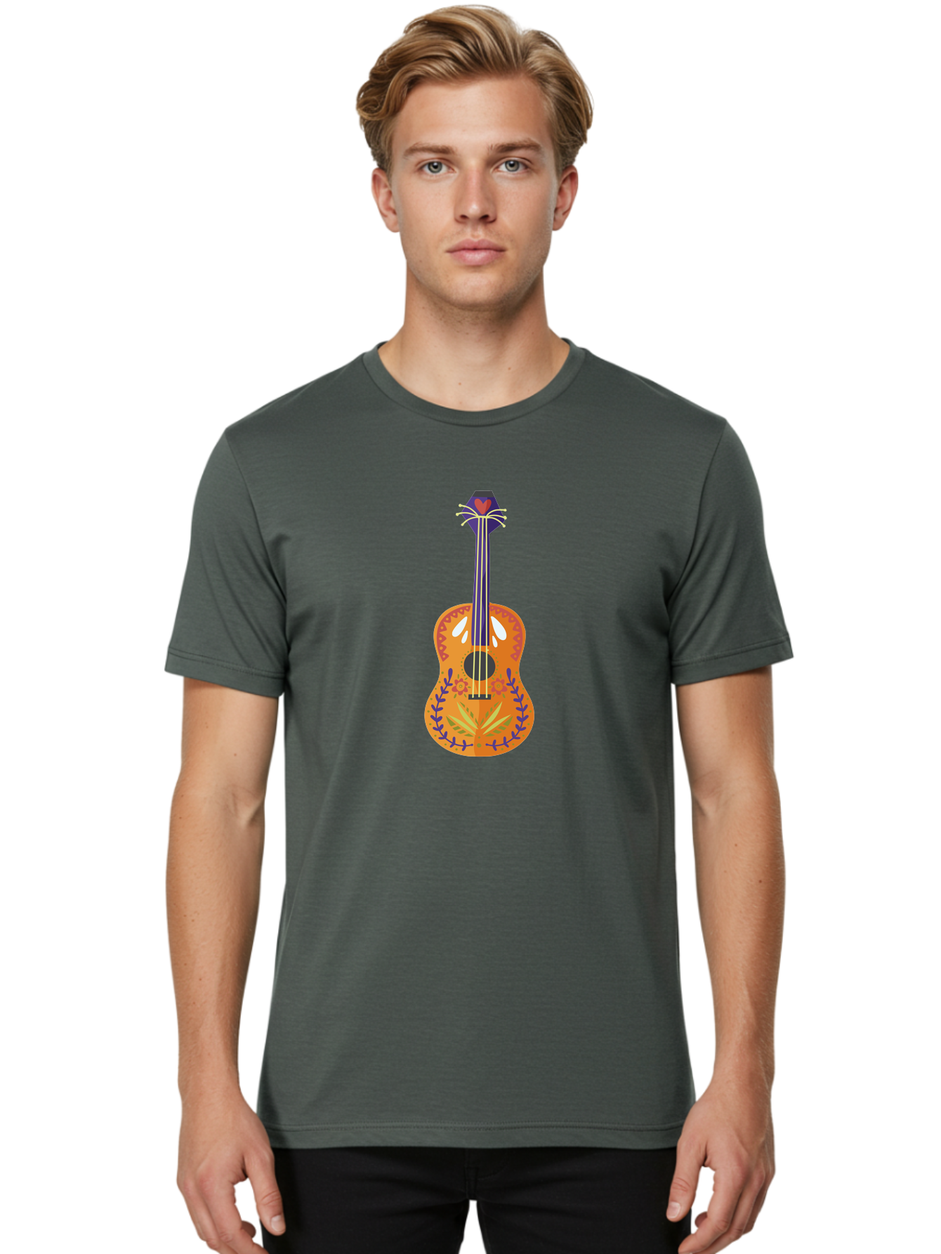 Mexican-Guitar Men'S Graphic Tee, 100% Cotton, Comfortable Casual Summer Wear, Machine Washable, Acoustic Guitar, Stringed Instrument, Music, Floral Pattern, Red And Blue Design, Orange Body, Yellow And White Strings, Cat Face Headstock Aad722 24
