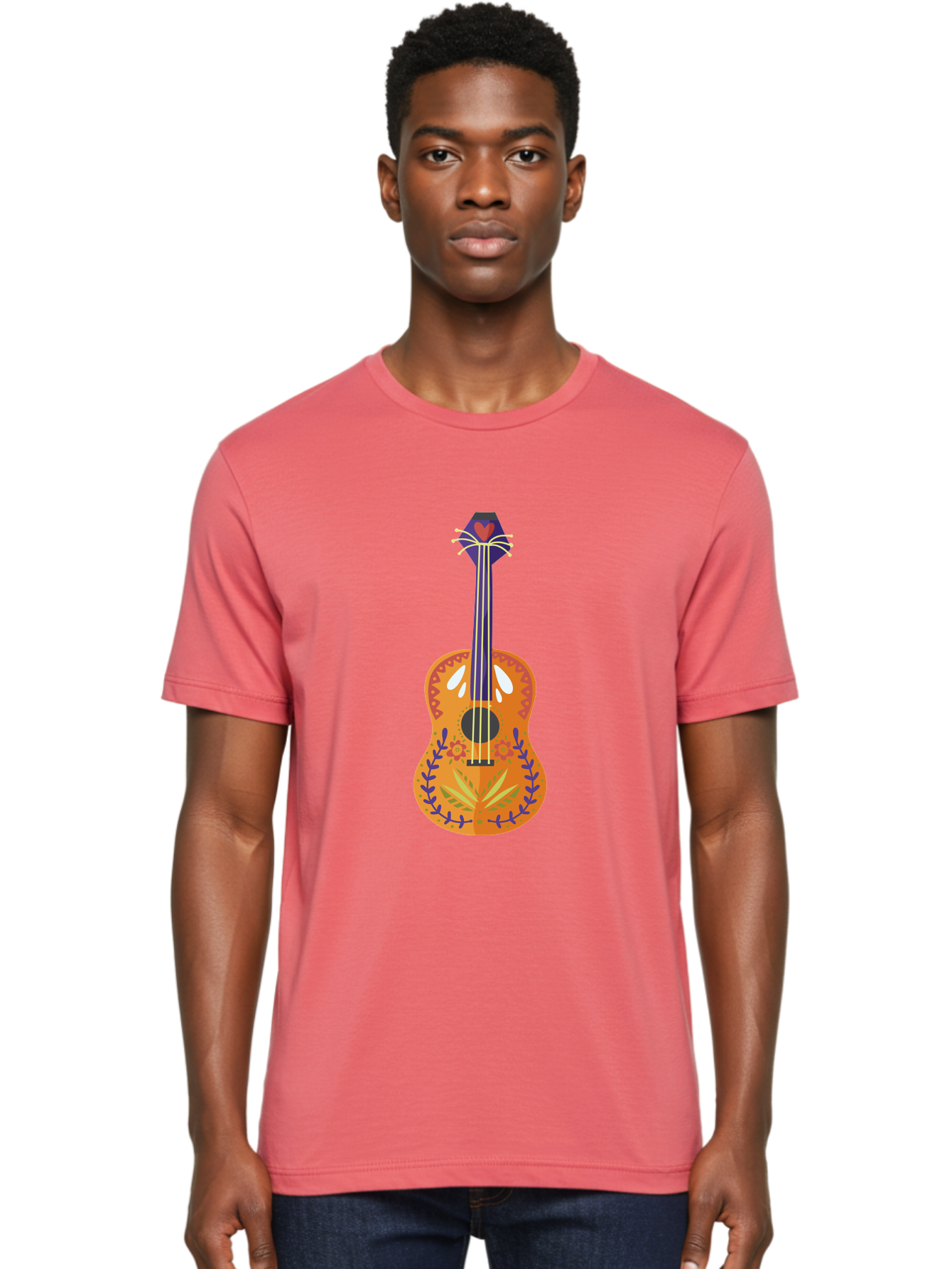 Mexican-Guitar Men'S Graphic Tee, 100% Cotton, Comfortable Casual Summer Wear, Machine Washable, Acoustic Guitar, Stringed Instrument, Music, Floral Pattern, Red And Blue Design, Orange Body, Yellow And White Strings, Cat Face Headstock Aad722 12