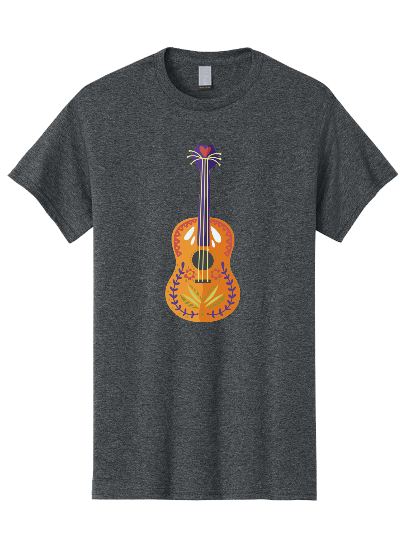 Mexican-Guitar Men'S Graphic Tee, 100% Cotton, Comfortable Casual Summer Wear, Machine Washable, Acoustic Guitar, Stringed Instrument, Music, Floral Pattern, Red And Blue Design, Orange Body, Yellow And White Strings, Cat Face Headstock Aad722 3