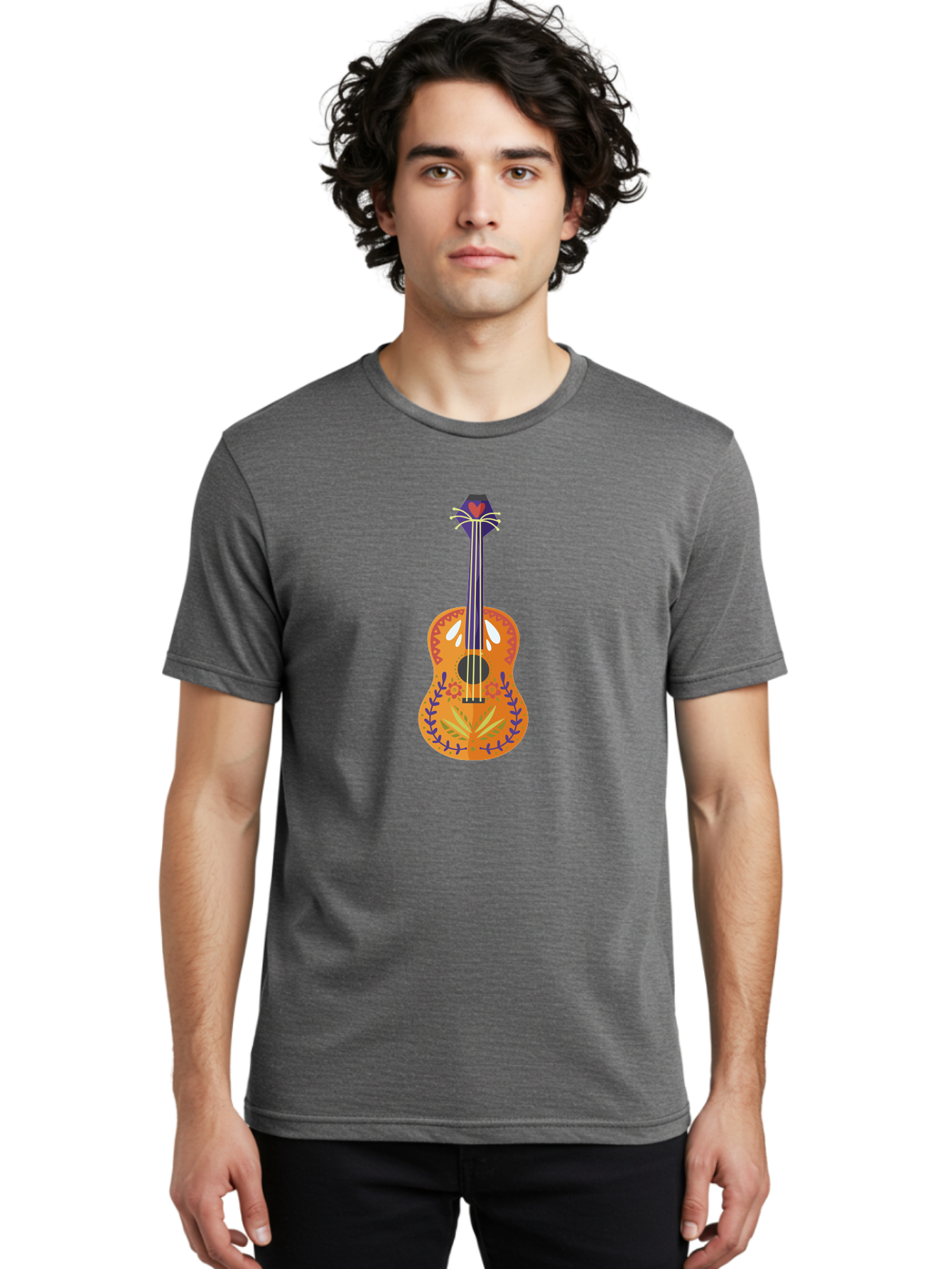 Mexican-Guitar Men'S Graphic Tee, 100% Cotton, Comfortable Casual Summer Wear, Machine Washable, Acoustic Guitar, Stringed Instrument, Music, Floral Pattern, Red And Blue Design, Orange Body, Yellow And White Strings, Cat Face Headstock Aad722 22