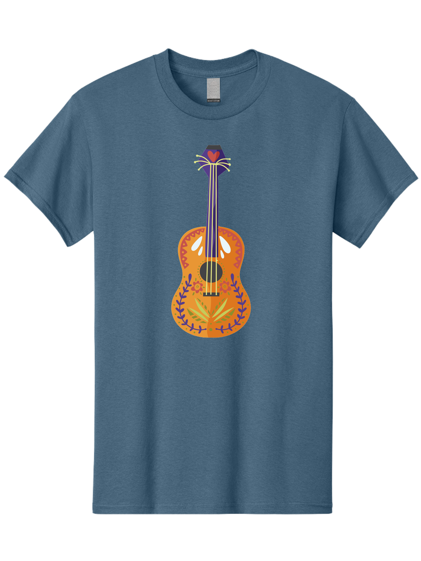Mexican-Guitar Men'S Graphic Tee, 100% Cotton, Comfortable Casual Summer Wear, Machine Washable, Acoustic Guitar, Stringed Instrument, Music, Floral Pattern, Red And Blue Design, Orange Body, Yellow And White Strings, Cat Face Headstock Aad722 19