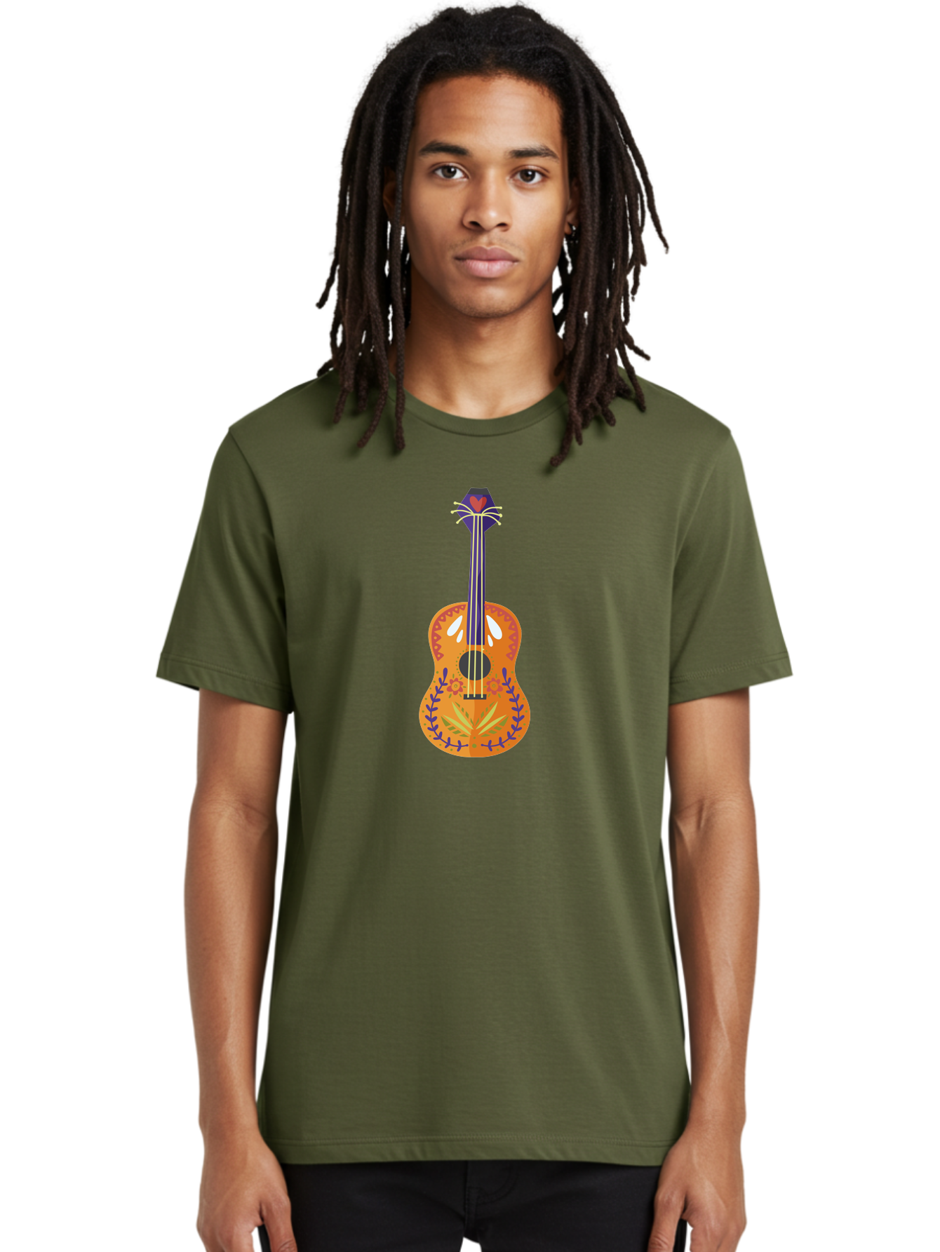Mexican-Guitar Men'S Graphic Tee, 100% Cotton, Comfortable Casual Summer Wear, Machine Washable, Acoustic Guitar, Stringed Instrument, Music, Floral Pattern, Red And Blue Design, Orange Body, Yellow And White Strings, Cat Face Headstock Aad722 18